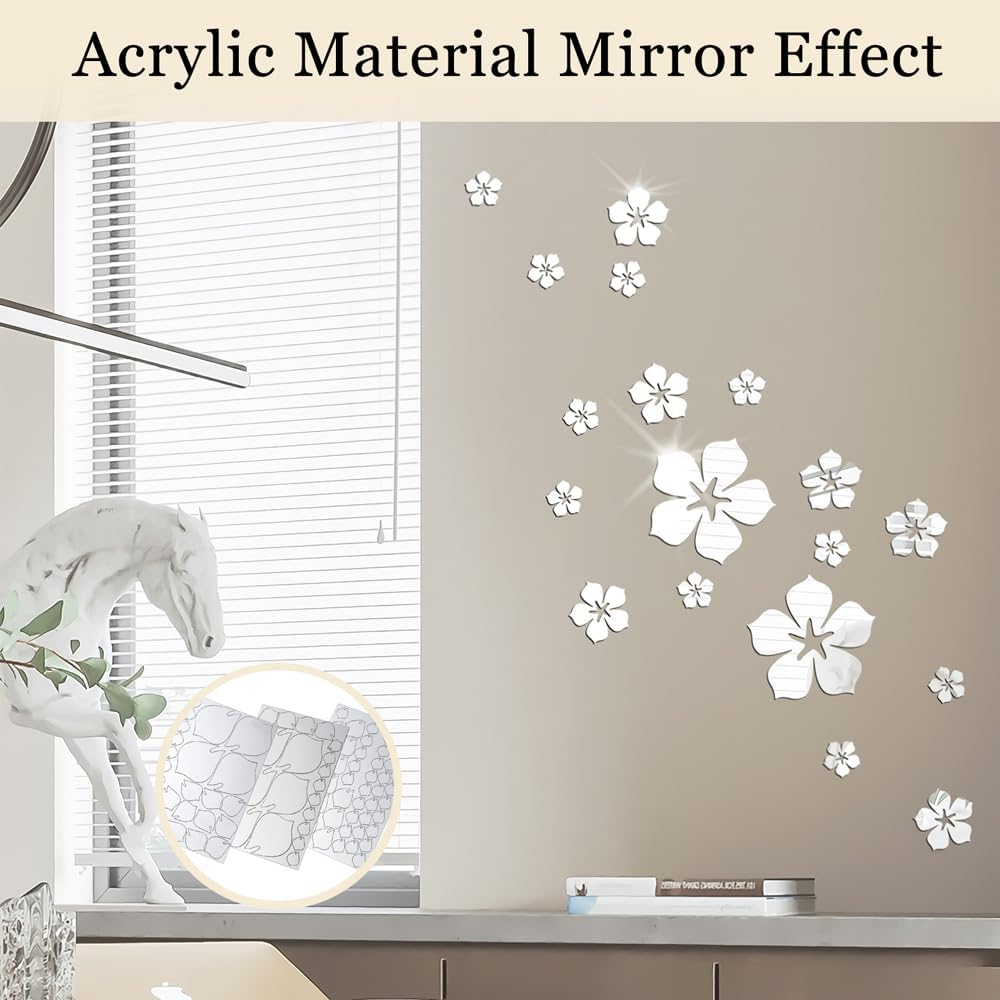 18 Pcs Acrylic Mirror Floral Wall Stickers, Self Adhesive Removable Wall Decal Mirror Set, Silver 3D Flower DIY Art Wall Decoration for Bedroom Home Living Room Sofa TV Background Decor image number 4