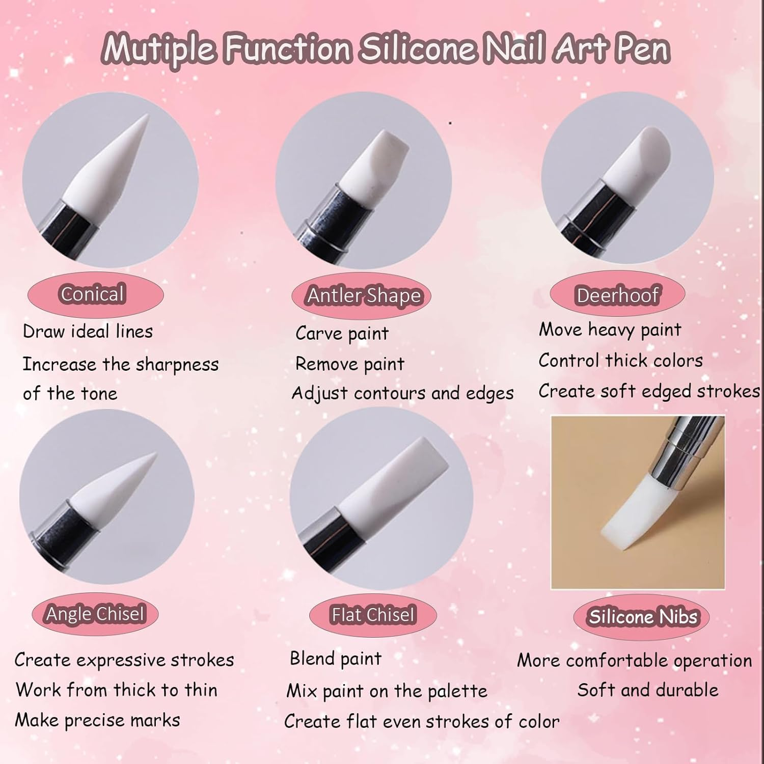 Whmeolyo 11Pcs Nail Art Brush Set, Dual Tipped Silicone Nail Tools, Nail Art Sculpture Pen, Crystal Handle Liner Brushes, Acrylic & Gel Nail Brush, Dotting Pens for Home and Professional Nail Salon - 20Pcs-Pink image number 4