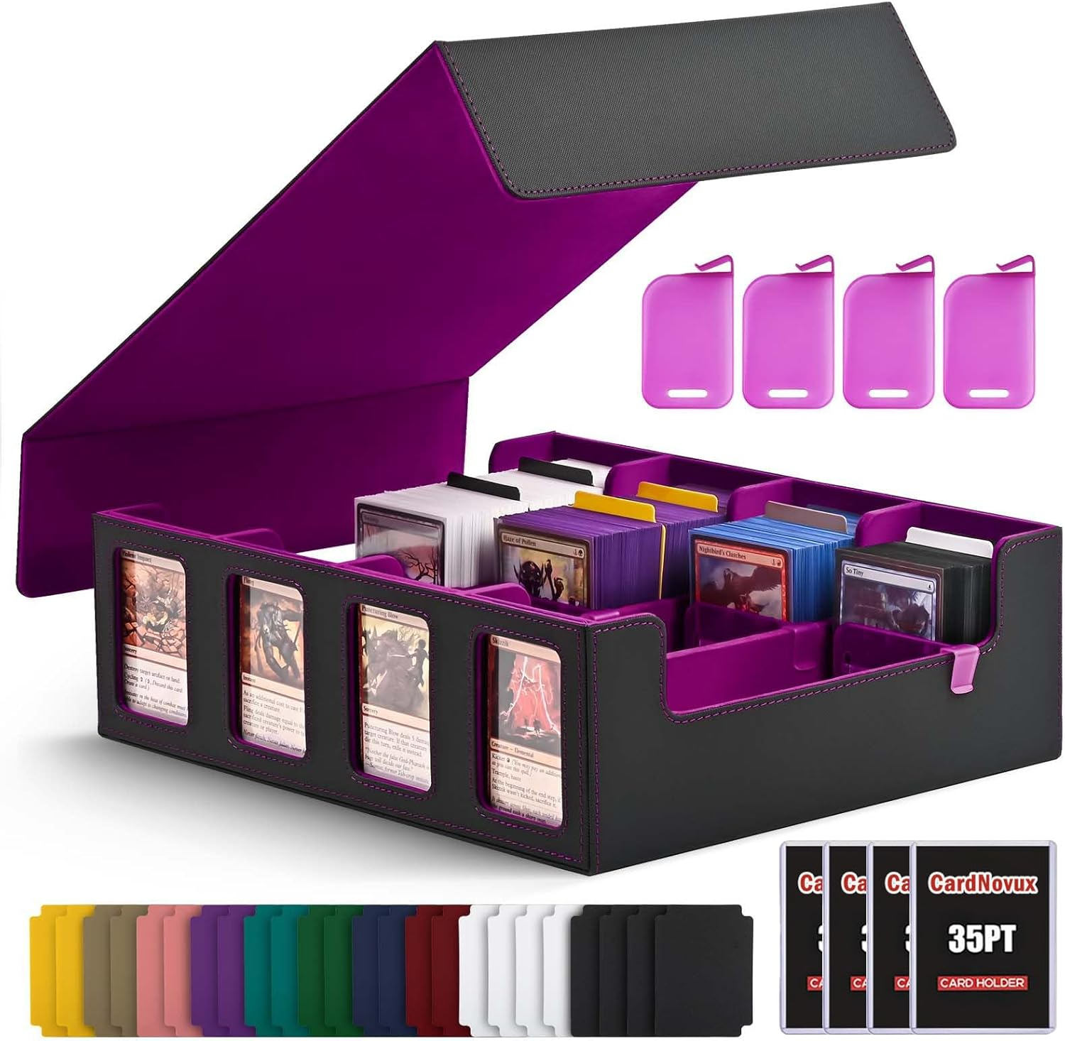 Cardnovux Trading Card Storage Box with Commander Display; 2400+ Deck Box for MTG with Removable Cover; Toploader Card Case Fits Magic TCG PTCG Sports Cards; 24 Dividers, 4 Stoppers (Black & Grey)