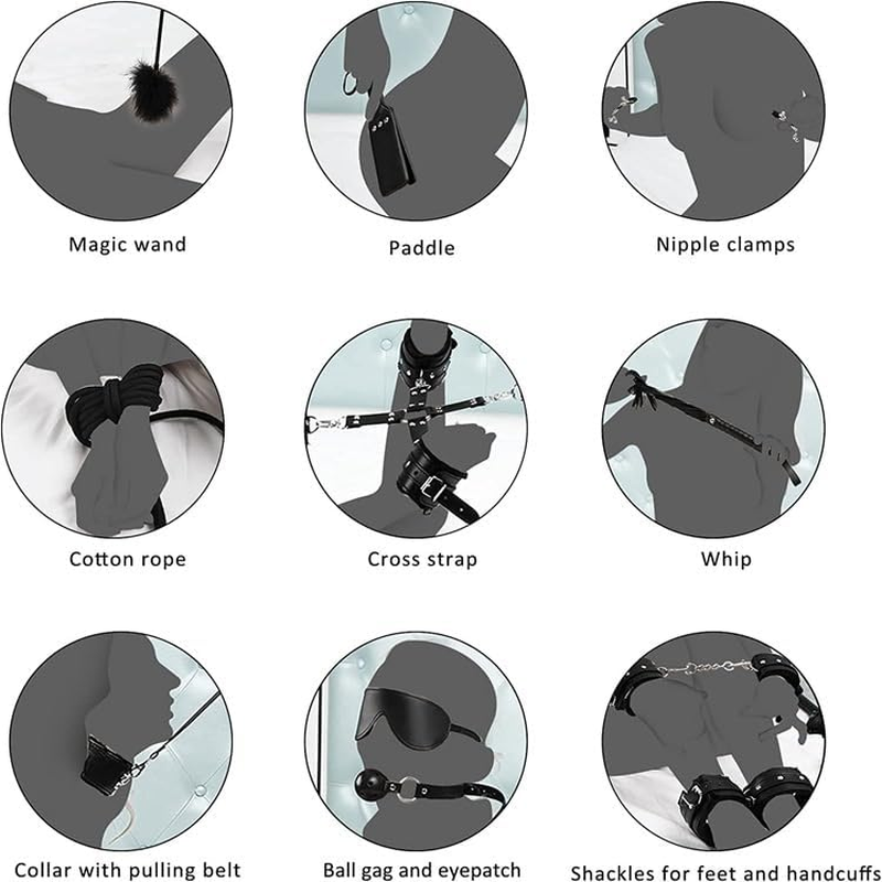 Sex Bondage BDSM Restraints Sex Toys 10 Pcs Set, SM Sex Toy Adult Toys Games Cuffs Gag Blindfold Spanking Paddle Safe Fetish Bed BDSM Kit Cuffs Nipple Clamps Ball Gag Rope Cosplay for Women Couples (Black) (Black)