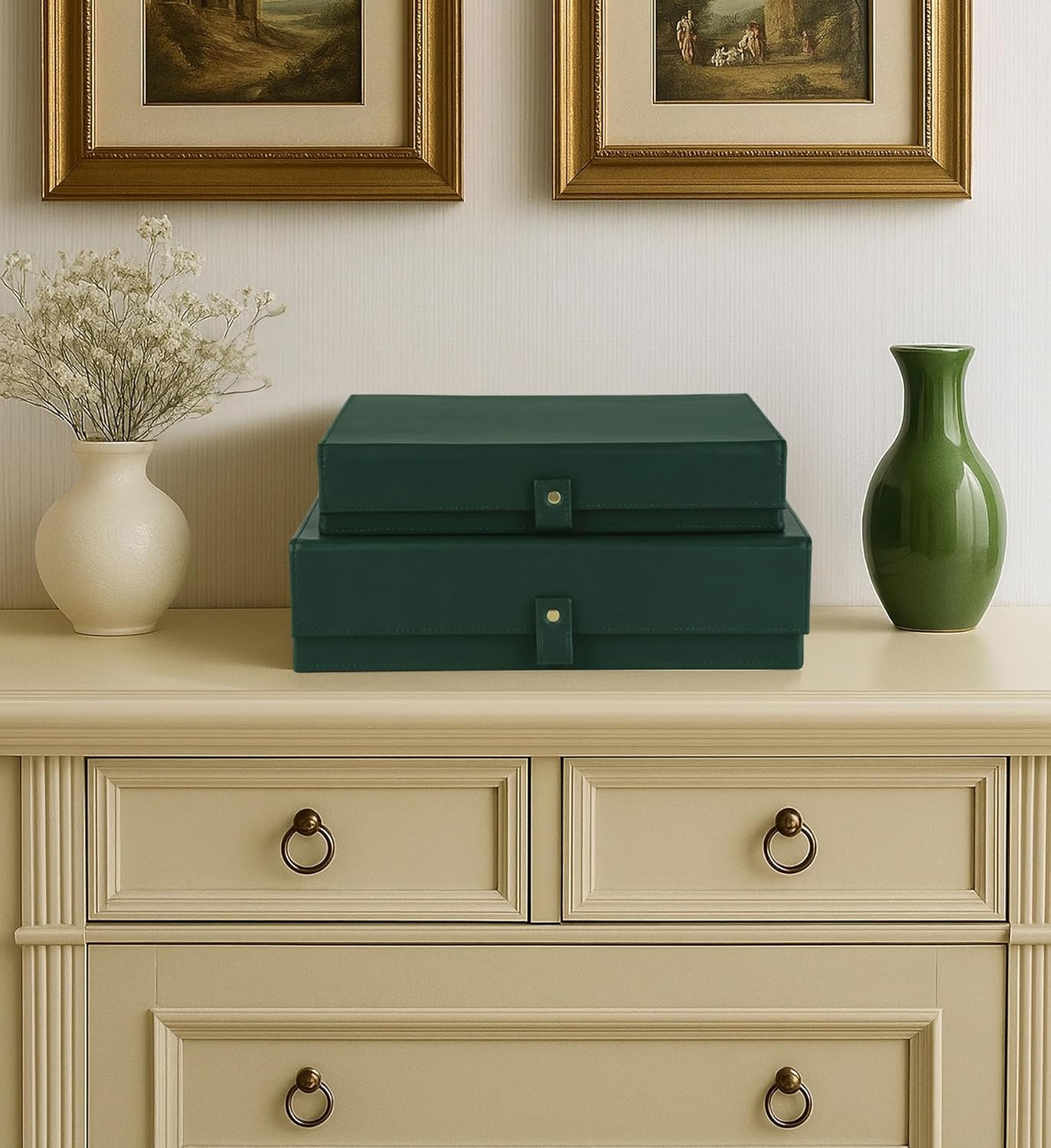 Hofferruffer Photo Storage Boxes with Dust-Proof Lid, Set of 2 Faux Leather Lidded Storage Bins, Photo, Jewelry, Scrapbooking Supplies, Keepsake Organizer for Elegant Home & Office Decor (Green) - Creamwhite image number 6