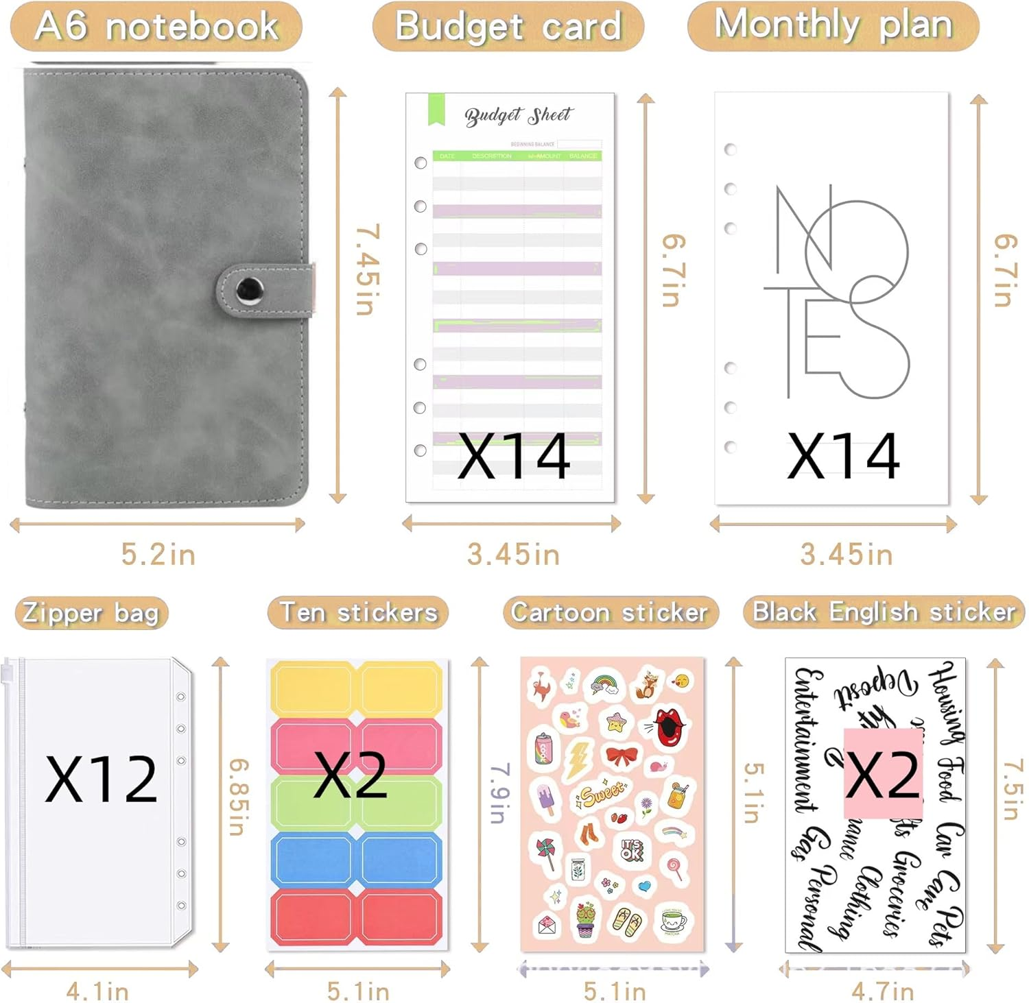 Budget Binder System with Cash Envelopes for Budgeting, Suitable for All Standard A6 Size Money Saving Binder Organizer for Cash，Card，Coupons with Zipper Pockets and Budget Sheets (Gray)