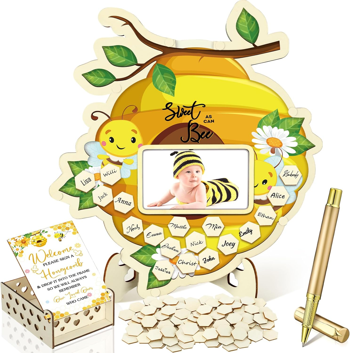 Wenqik 63 Pcs Bee Baby Shower Guest Book Alternatives Set Baby Shower Decorations with Photo Frame Sonogram Frame Keepsake 60 Wood Slices Guest Book for Birthday image number 5