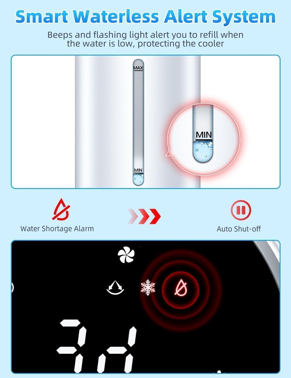 COOLECH 4-IN-1 107CM Windowless Portable Air Conditioner W/ 4 Modes&3 Speeds, LED Display, Remote, 4L Water Tank with Waterless Alert System, 12H Timer, 90&deg; Oscillating Evaporative Air Cooler for Room image number 5