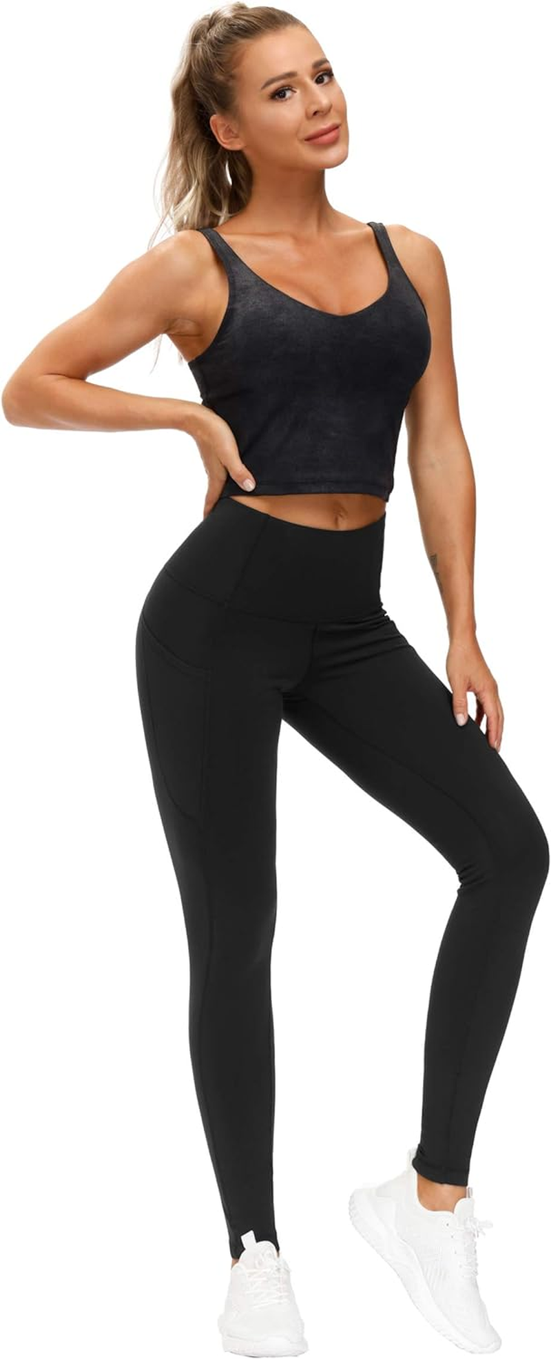 THE GYM PEOPLE Thick High Waist Yoga Pants with Pockets Tummy Control Workout Running Yoga Leggings for Women Black image number 6