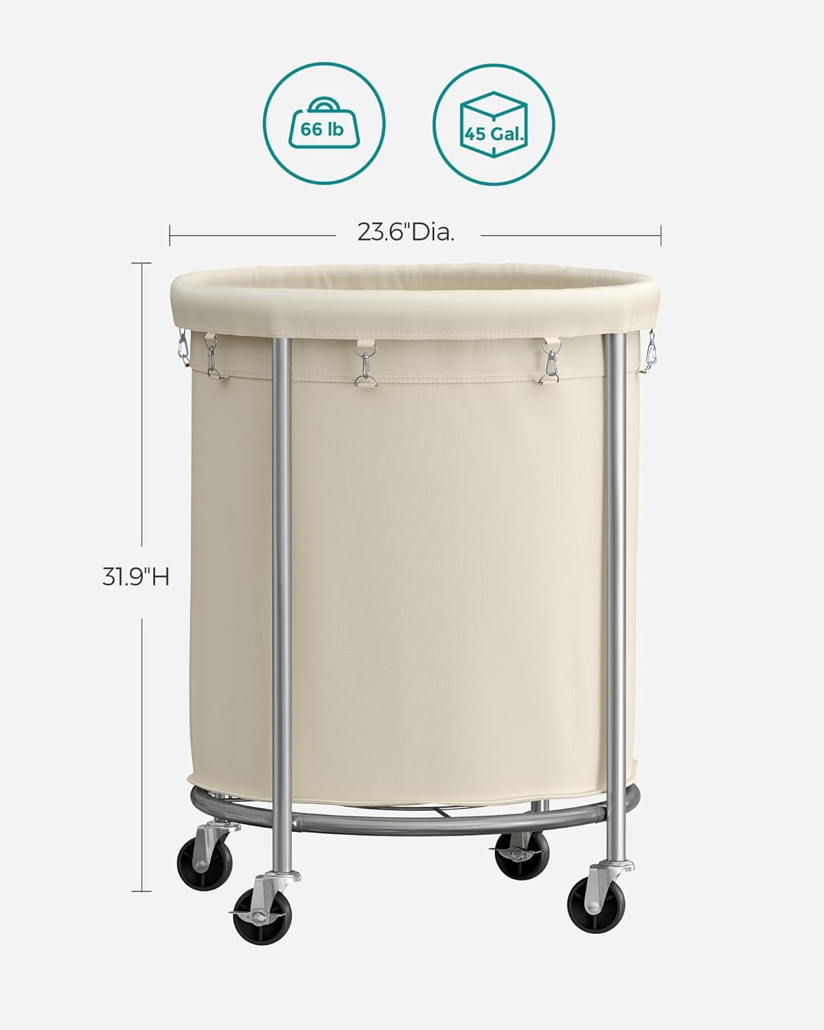 SONGMICS Laundry Basket with Wheels, Rolling Laundry Hamper, 45 Gal., round Laundry Cart with Steel Frame and Removable Bag, 4 Casters and 2 Brakes, Cream and Silver URLS01MZ - Cream image number 5
