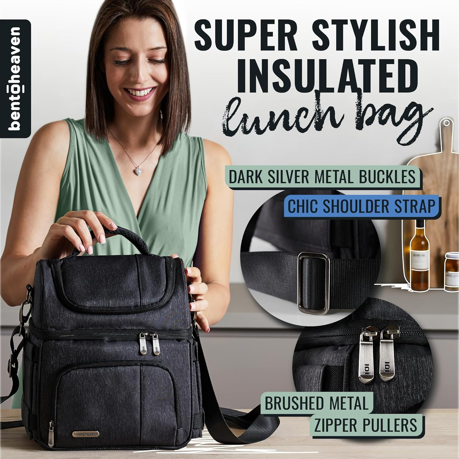 Bentoheaven Lunch Bag & Lunch Box for Men and Women - Premium Materials, Extra Large Capacity (24 Cans) Double Deck - Leakproof Insulated Soft Large Adult Lunch Cooler Bag for Work, Travel (15L,Gray) - Dark Gray image number 3