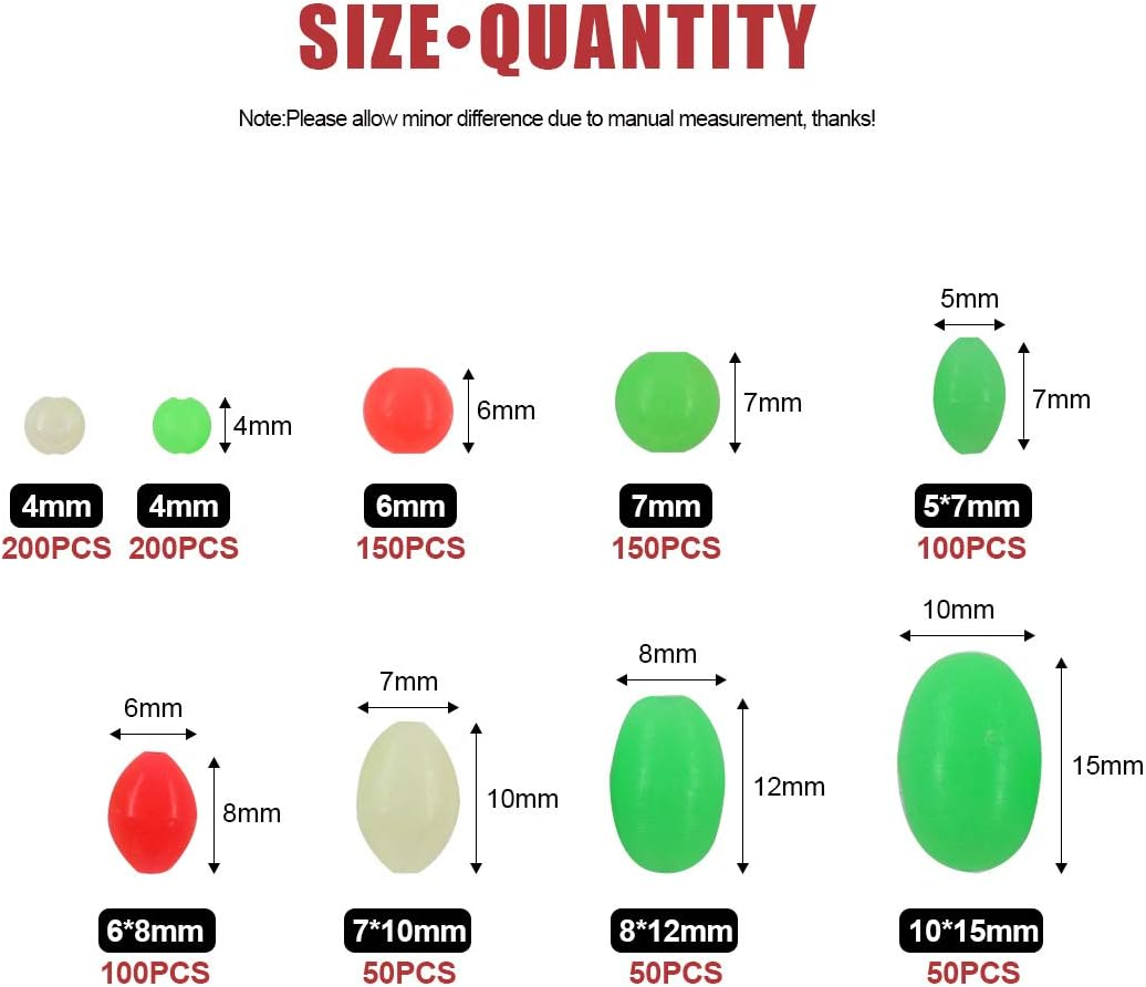 1050 Pcs 9 Sizes All Luminous Fishing Beads Assorted Soft Plastic Oval round Shaped Glow Eggs for Stream Pool Lake River Fishing (All Glow in the Dark) image number 1