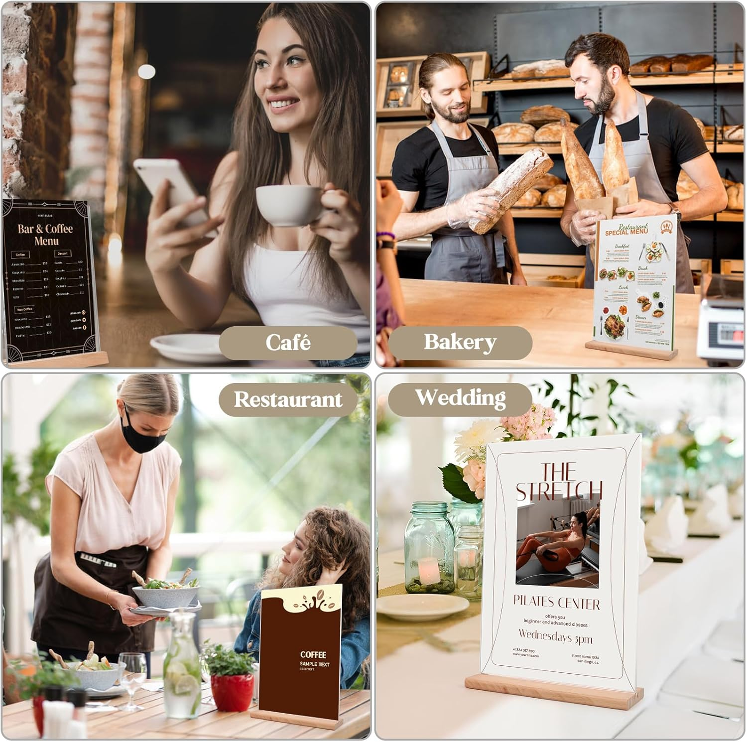 Fayrvind 5 Pack A5 Acrylic Sign Holder with Wooden Base, T-Shape Perspex Display Holder, Double Sided Clear Menu Poster, Wedding Table Number Stands, Tabletop Sign Holder for Retailer Vendor Booth image number 4