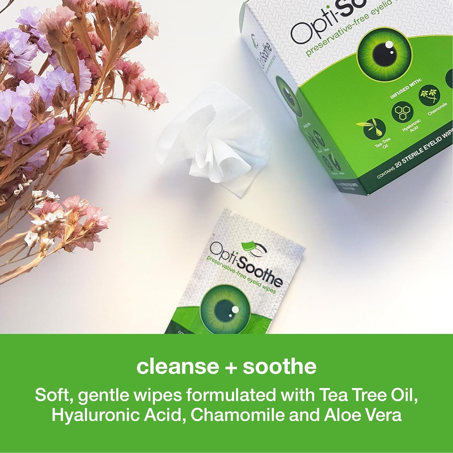 Opti-Soothe Preservative-Free Eyelid Wipes - Moist Towelette for Daily Eyelid Cleaning. Preservative-Free. Soothing, Moisturising, Natural Ingredients image number 1