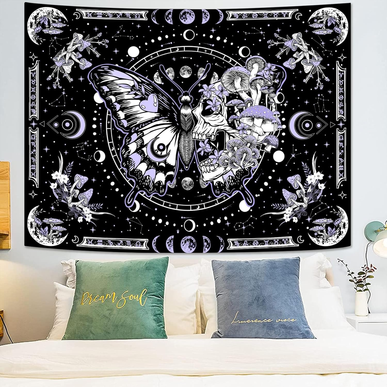 Fungarth Skeleton Butterfly Tapestry Purple Skull Hippie Mushroom Plants Tapestry for Bedroom Moon Phase Aesthetic Tapestries Wall Hanging for Living Room Dorm (60.00&rdquo; X 80.00&rdquo;, Purple) image number 2