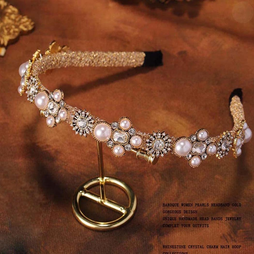 Sinalty Gold Pearls Headbands Baroque Rhinestones Hair Bands Crystal Hair Hoop with Beaded Hair Ties for Women (Fashion) image number 3