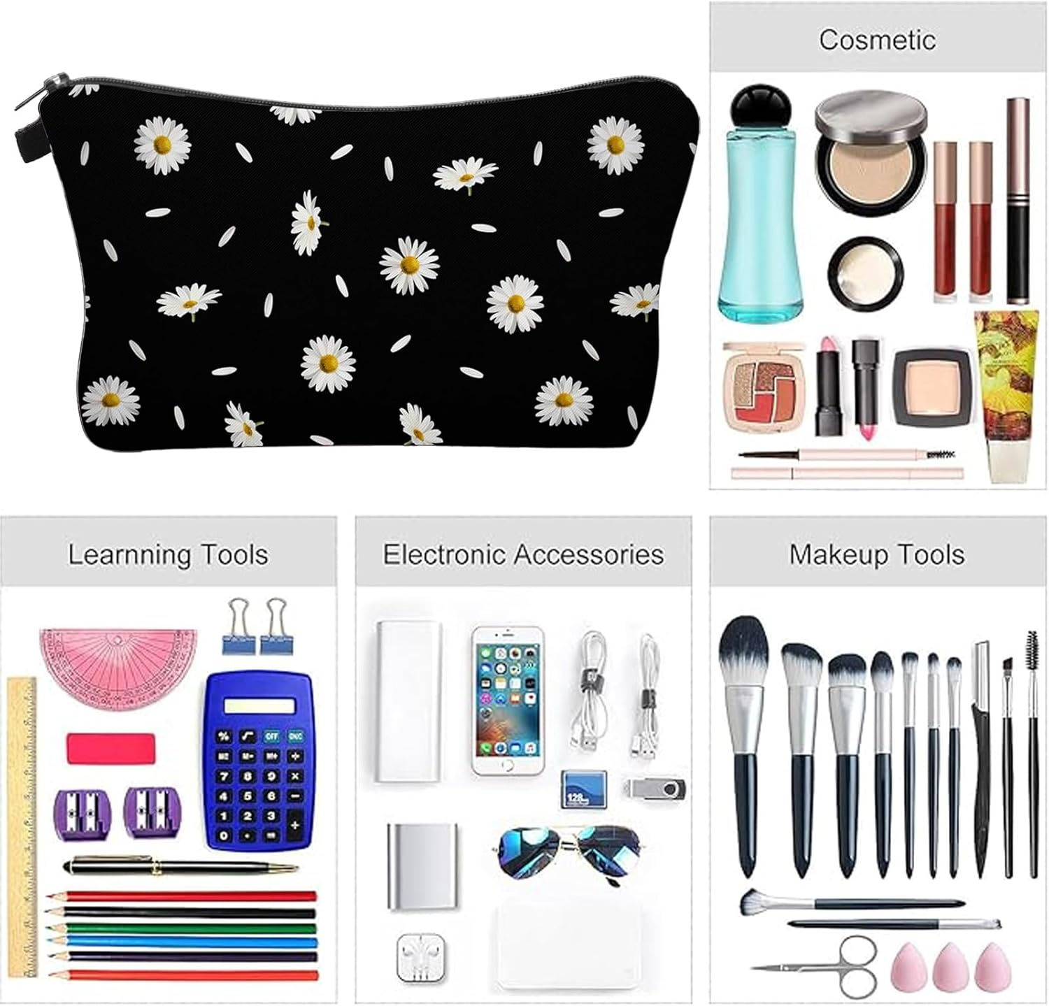 Travel Cosmetic Bag, Mini Travel Toiletry Bag Organizer for Purse Portable Zipper Make up Pouch Small Cosmetic Case, Travel Cute Purse Case for Women (Daisies) - Leopard Print image number 5