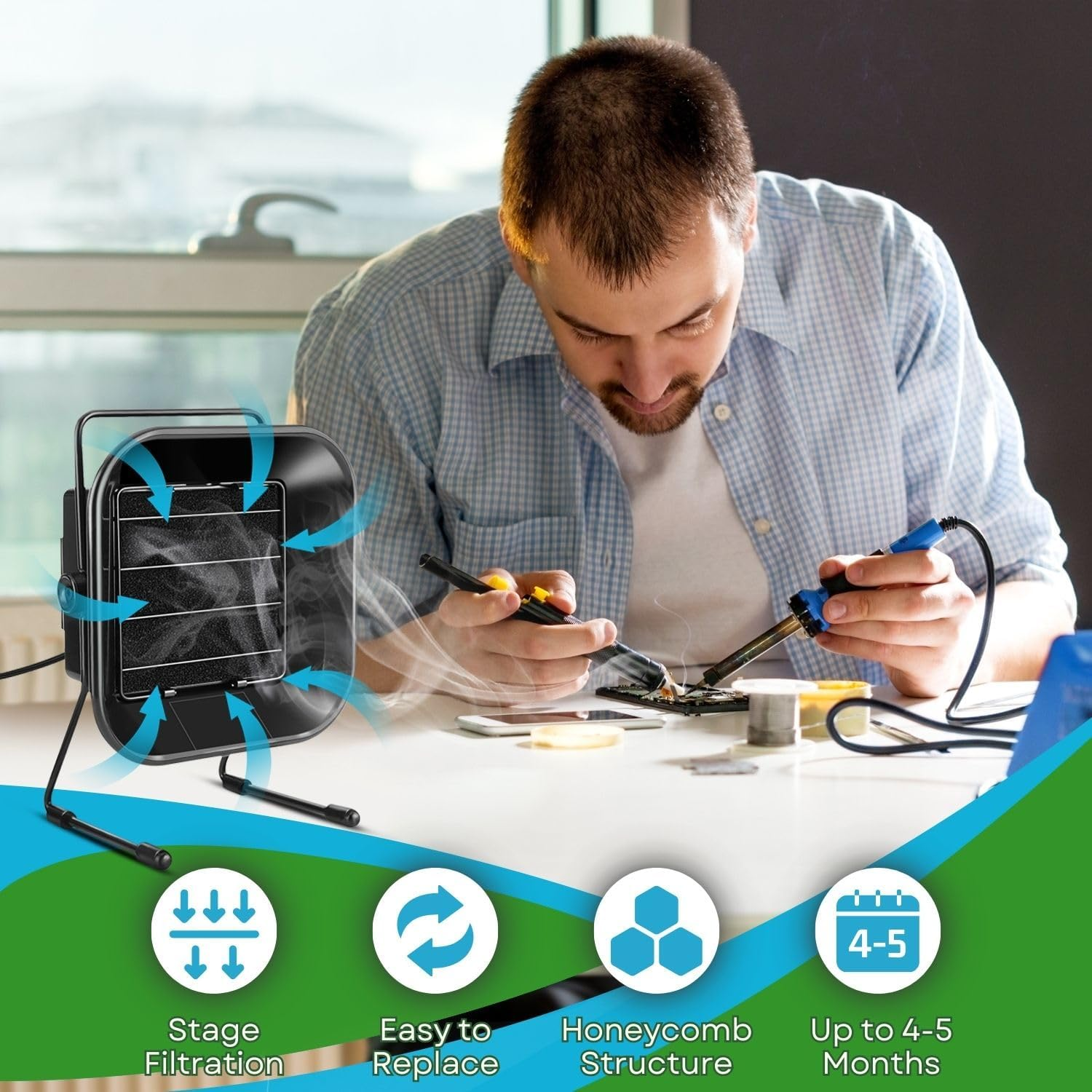 Flexzion Activated Carbon Solder Fume Extractor Filters, Fan Smoke Absorber Filter Replacements Square (5 Pack), Compatible for Flexzion 493, Valtcan 493 496 FA-400 Series Models image number 3