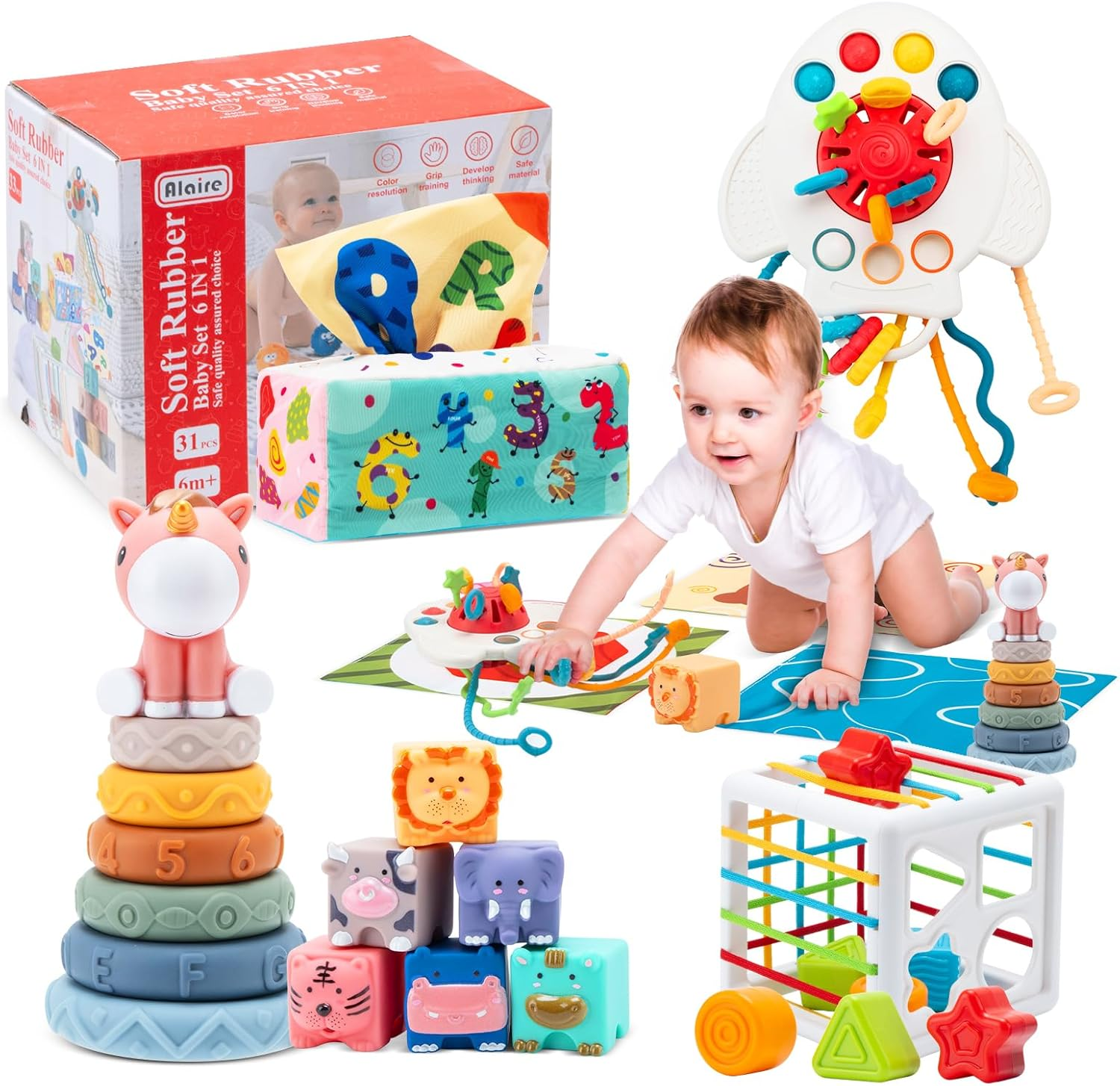 Baby Toys 6-12 Months, 5 in 1 Montessori Toys for Baby, Infant Soft Building Blocks, Stacking Rings, Pull String, Tissue Box and Shape Sorter Cube Toy, Toddlers Aged 1-3 image number 3