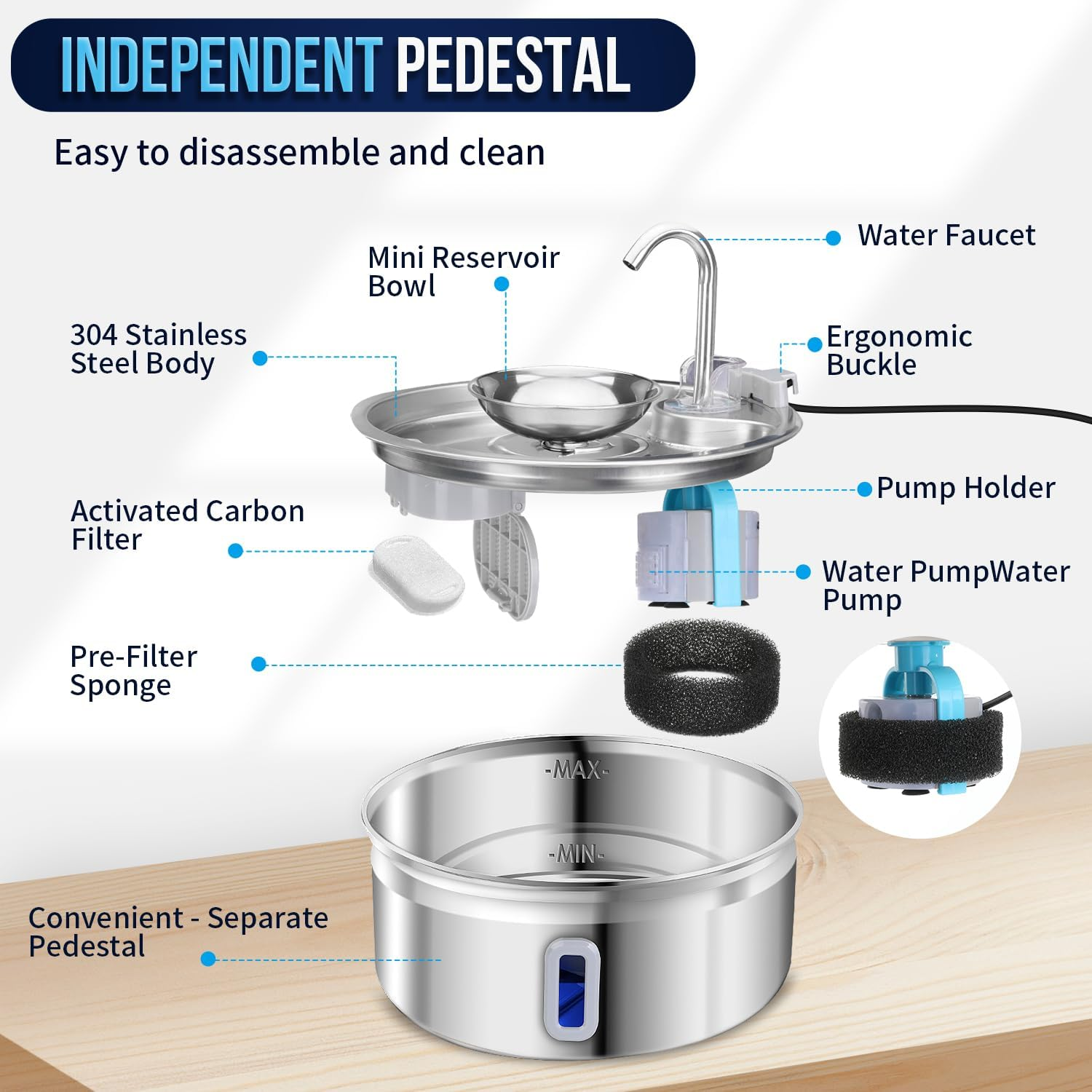 Slowton Cat Water Fountain - Stainless Steel Automatic Fountain for Cats & Dogs, 108Oz/3.2L, Quiet Pump with Water Level Window Filter (Silver) image number 5