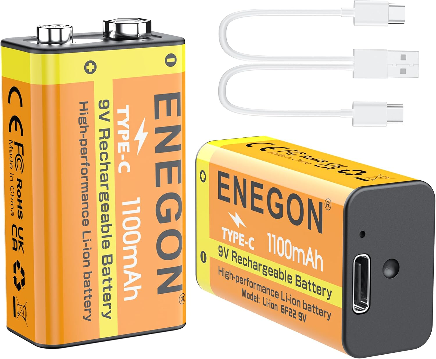 ENEGON 2 Pack 9V Rechargeable Li-Ion Batteries, 1100 Mah with Type-C Fast Charging, 6F22 9V Batteries for Electric Guitars, LED Lighting Devices, Smoke Alarms, Microphones, Walkie-Talkie and More image number 2