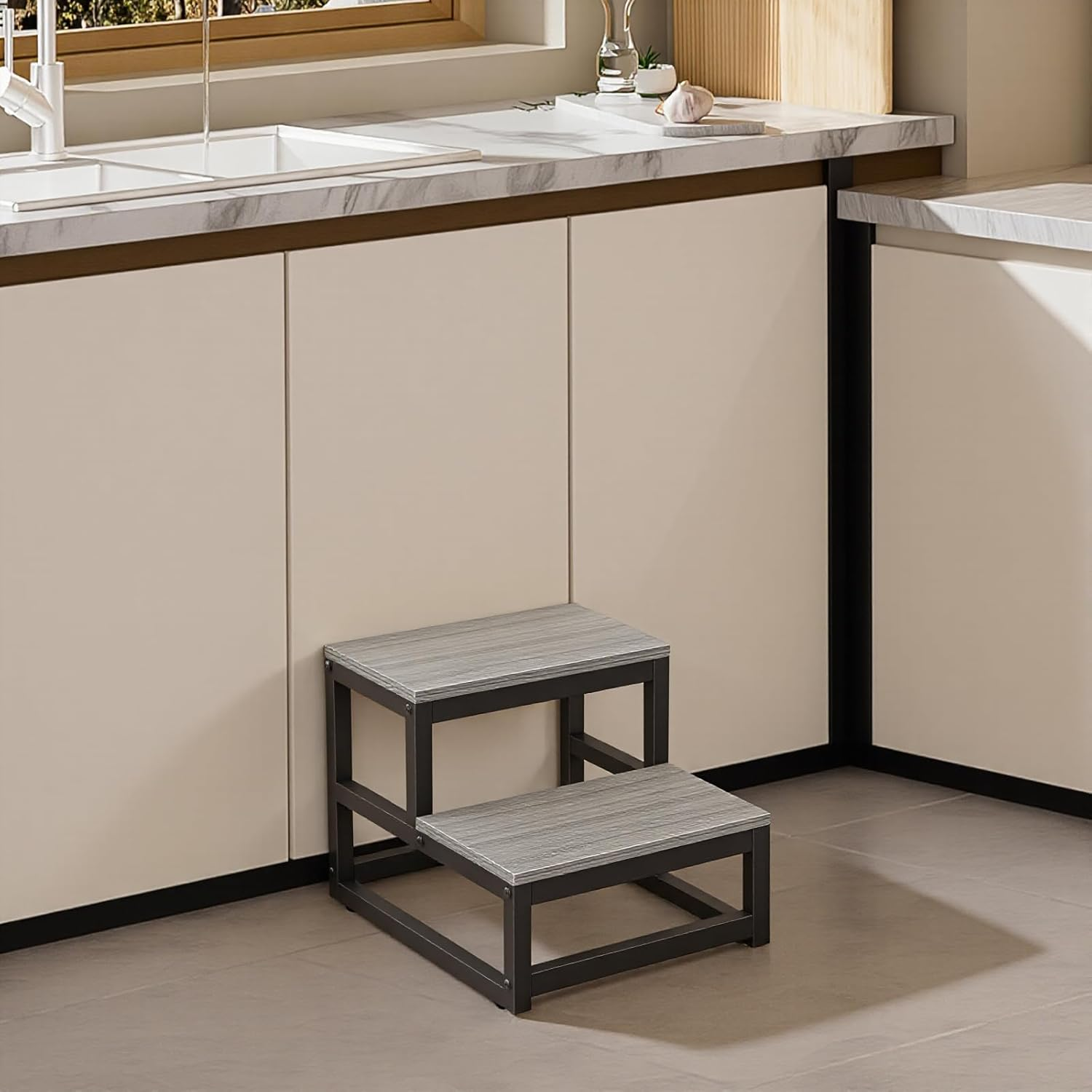 Uandhome 2-Step Wooden Step Stools for Kids, Non-Slip Stepping Foot Stool Heavy Duty Bedside Step Stool, for Bedroom Kitchen Bathroom Toilet(Grey) image number 4