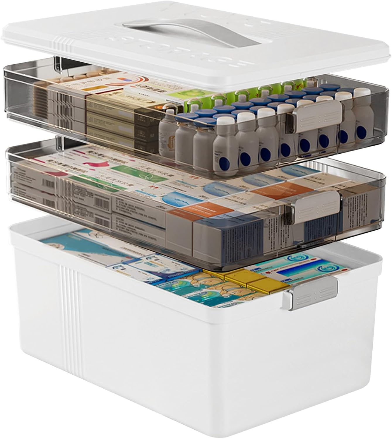 3-Layer Medicine Storage Box with Handle, Large Capacity First Aid Organizer, Moisture-Proof & Dustproof, Portable Multi-Purpose Plastic Storage Container for Medicine, Cosmetics, Household Essentials image number 3