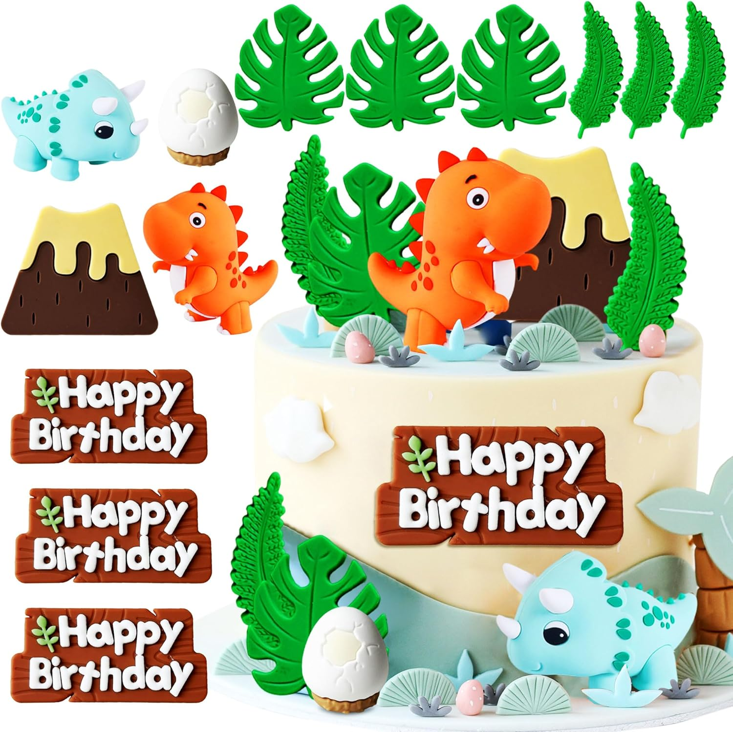 Jevenis Luxury Little Dinosaur Cake Decorations Dinosaur Cupcake Topper Green Rex Three Dino Cake Toppers for Birthday Baby Shower Party Supplies - Brown image number 3