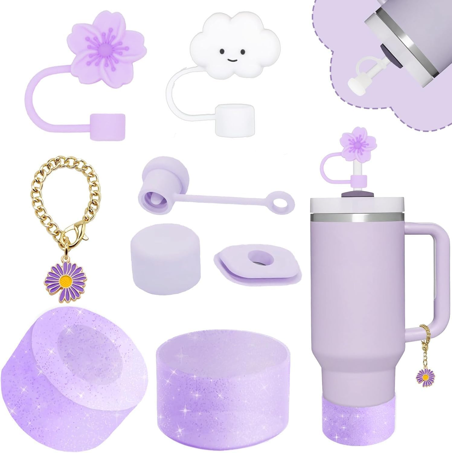 XIANGYUAN Stanley Cup Accessories Set,Including 2 Pcs 0.4In Straw Cover, 1 Silicone Spill-Proof Stopper Set of 3, 1 Cute Flower Handle Charm, 1 Silicone Boot Fits Stanley 40&30 Oz Tumbler image number 1