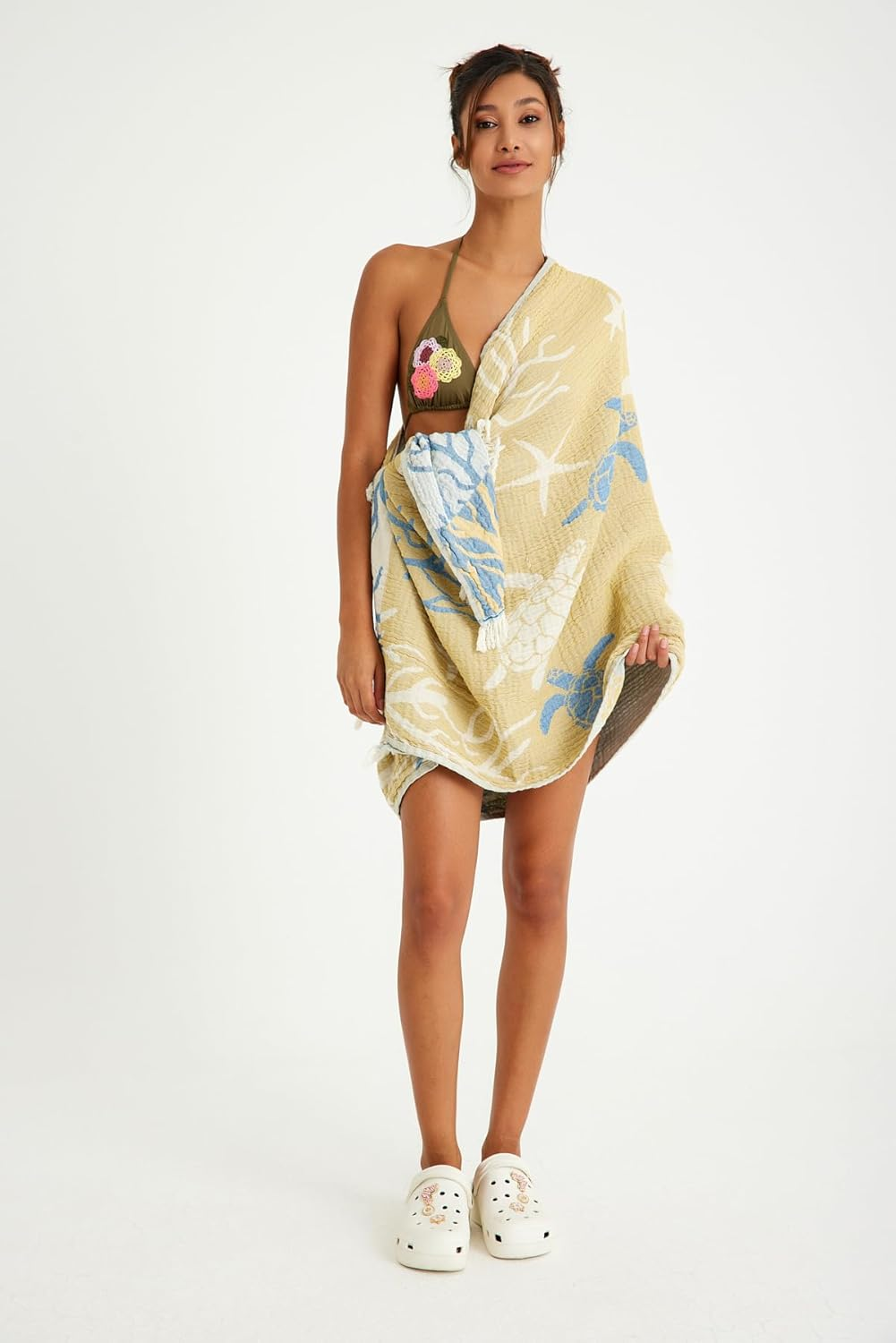 Barooga Beach Towel% 100 Premium Turkish Cotton, Turtle Print Prewashed Jacquard Towel for Bath, Beach, Pool, Sauna, Gym, Camping, Yoga, Spa, Quick-Dry (75X170 Cm) (Yellow) image number 5