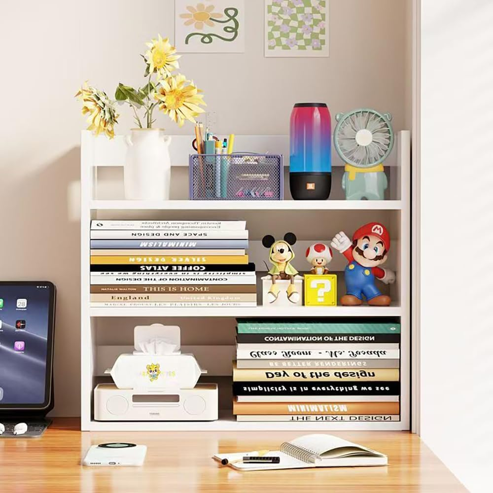 Hbluefat 3-Tier Desktop Bookshelf, Small Wood Countertop Bookcase Desk Organizer Literature CD Photo Display Storage Rack for Home Office (White)