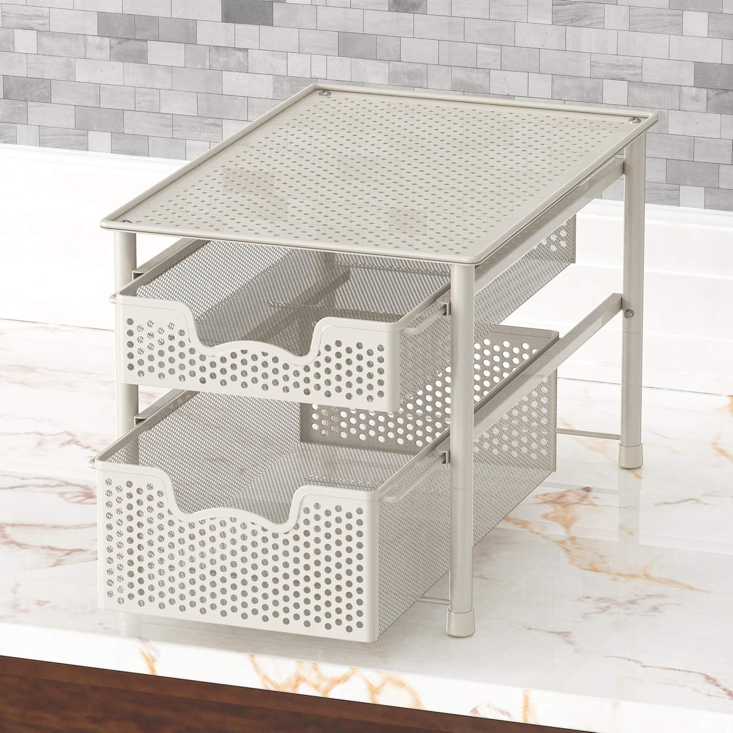 Simple Houseware Stackable 2 Tier Pull Out Drawer for Cabinets and under Sink Organiser, Mesh White