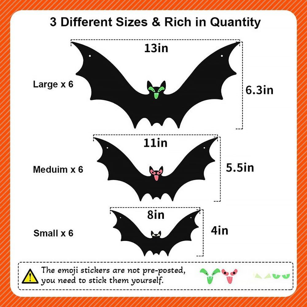 18 PCS Halloween Hanging Bat Decorations: Luminous Eyes & 3D Realistic Scary Styles, 3 Different Sizes Large Fake Black Flying Bats for Yard, Party, Indoor & Outdoor Lawn Decorations image number 6