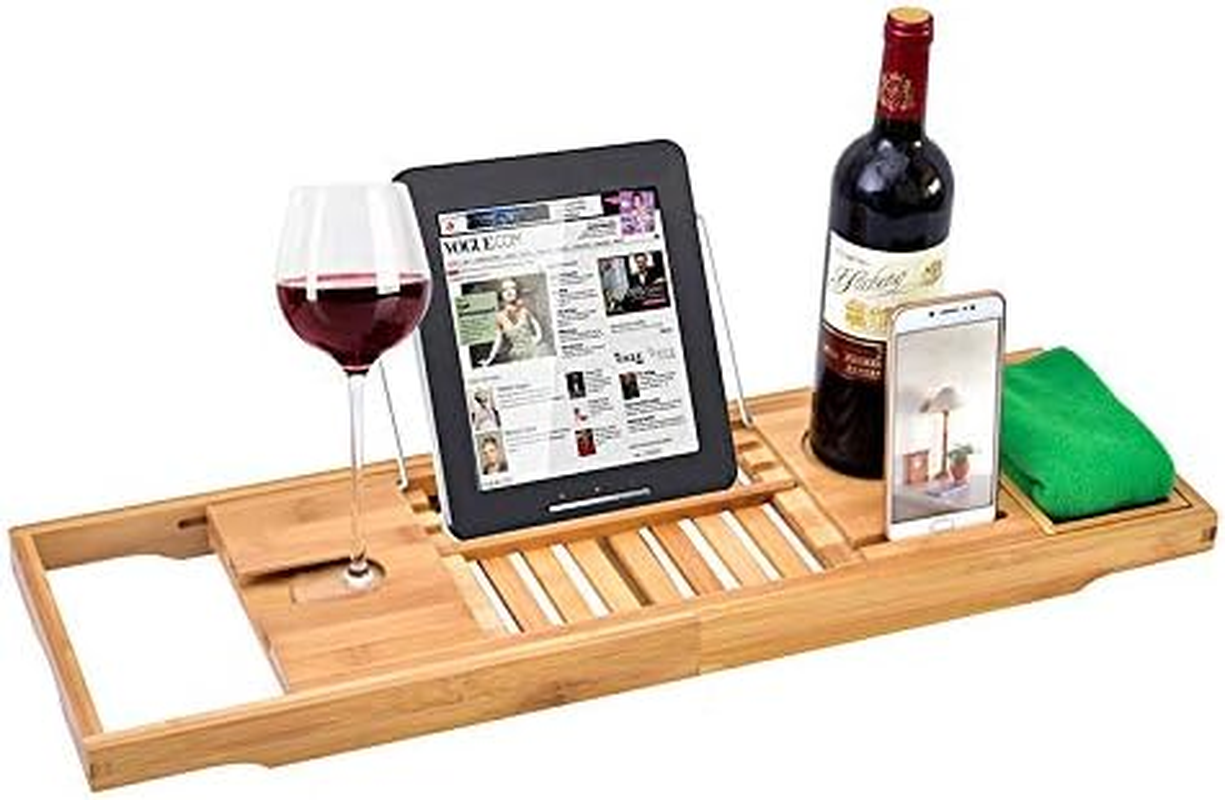 Bathtub Caddy Tray, 1 or 2 Person Bath and Bed Tray, Bath Tub Table Caddy with Extending Sides - for Tablet, Book, Phone, Wine Glass, Candles, and Soap image number 4