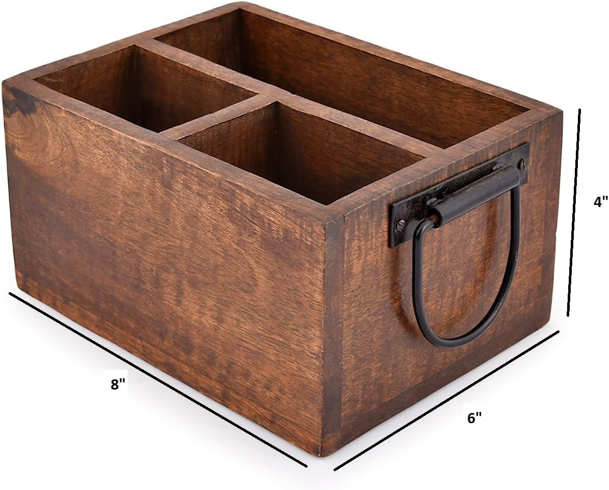 EDHAS 3 Compartment Flatware Caddy, Cutlery Utensil Holder with Metal Handles for Farmhouse Kitchen Decor and Countertop, Dining Table, Office Organizer (20.32Cm X 15.24Cm X 10.16Cm image number 3