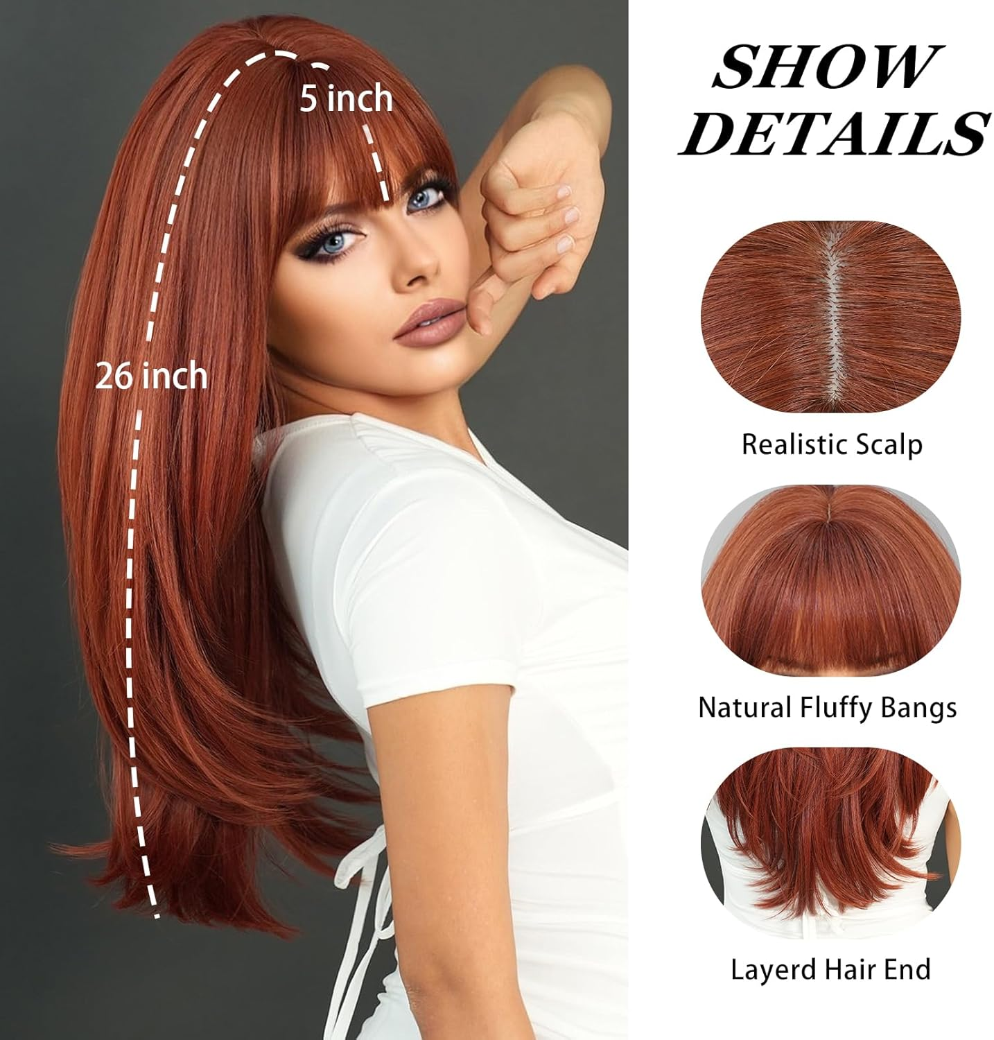 PARK YUN Long Straight Brown Wig with Bangs 26 Inch Ginger Orange Synthetic Layered for Women Natural Copper Red Head Heat Resistant Wig - Pink image number 6