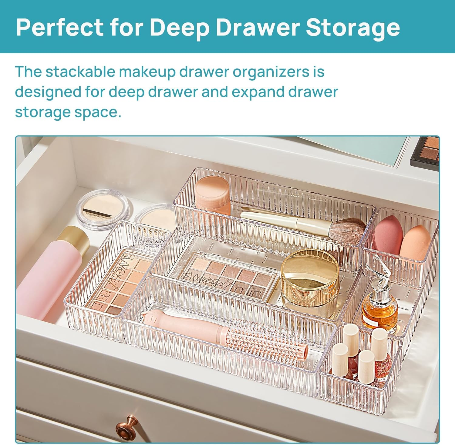Spardar 7 PCS Clear Drawer Organizers Bins, 4-Size Stackable Makeup and Vanity Drawer Organizer Trays, Acrylic Bathroom Drawer Storage Containers for Cosmetic, Office Supply, Kitchen Utensils Gadgets image number 6