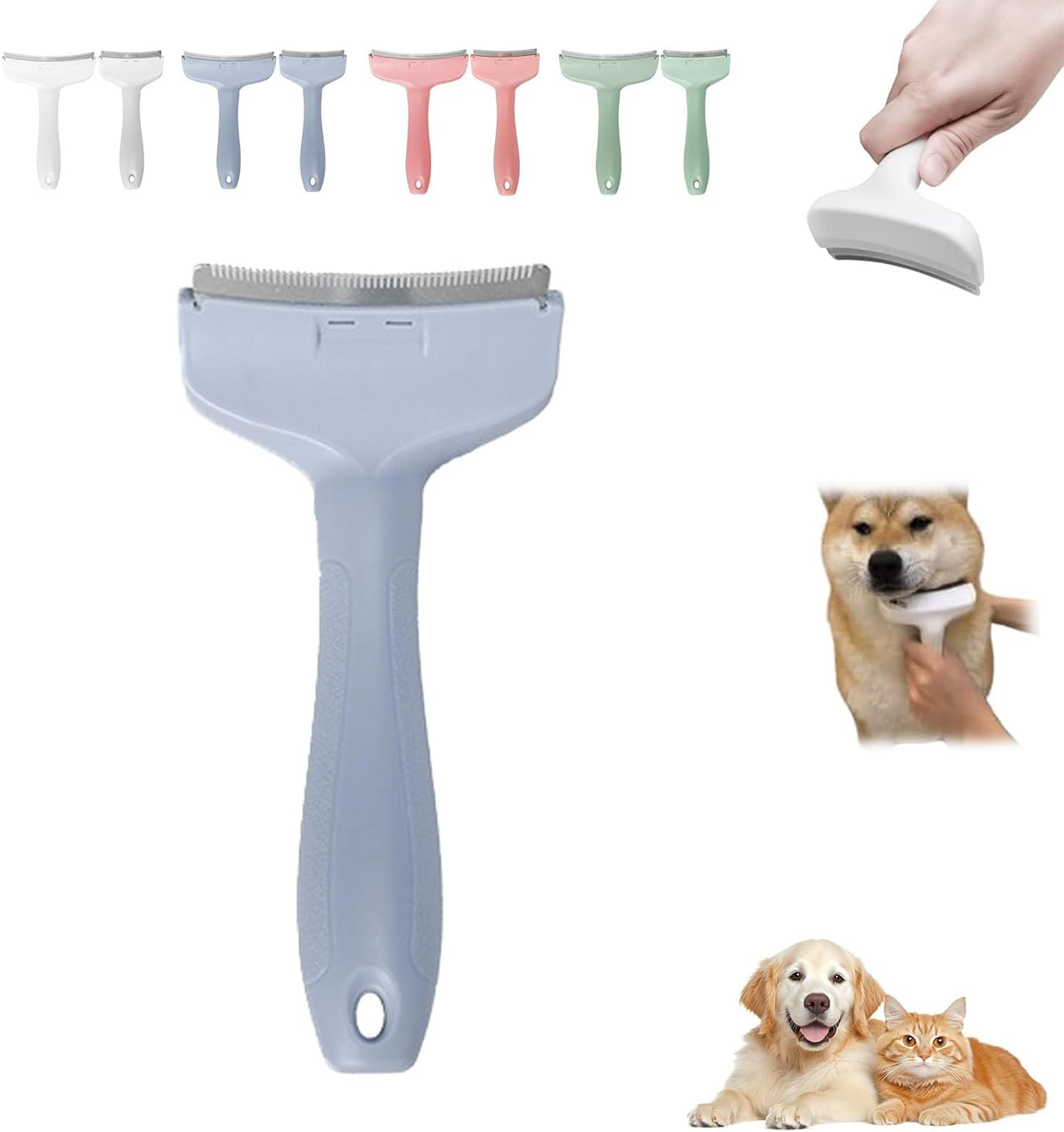 V-Tooth Deshedding Comb for Dogs and Cats, Pet Grooming Brush with Tight V-Shaped Teeth, Hair Removal Tool for Shedding Control, Ergonomic Handle for Short and Long Hair (Blue+Trumpet)