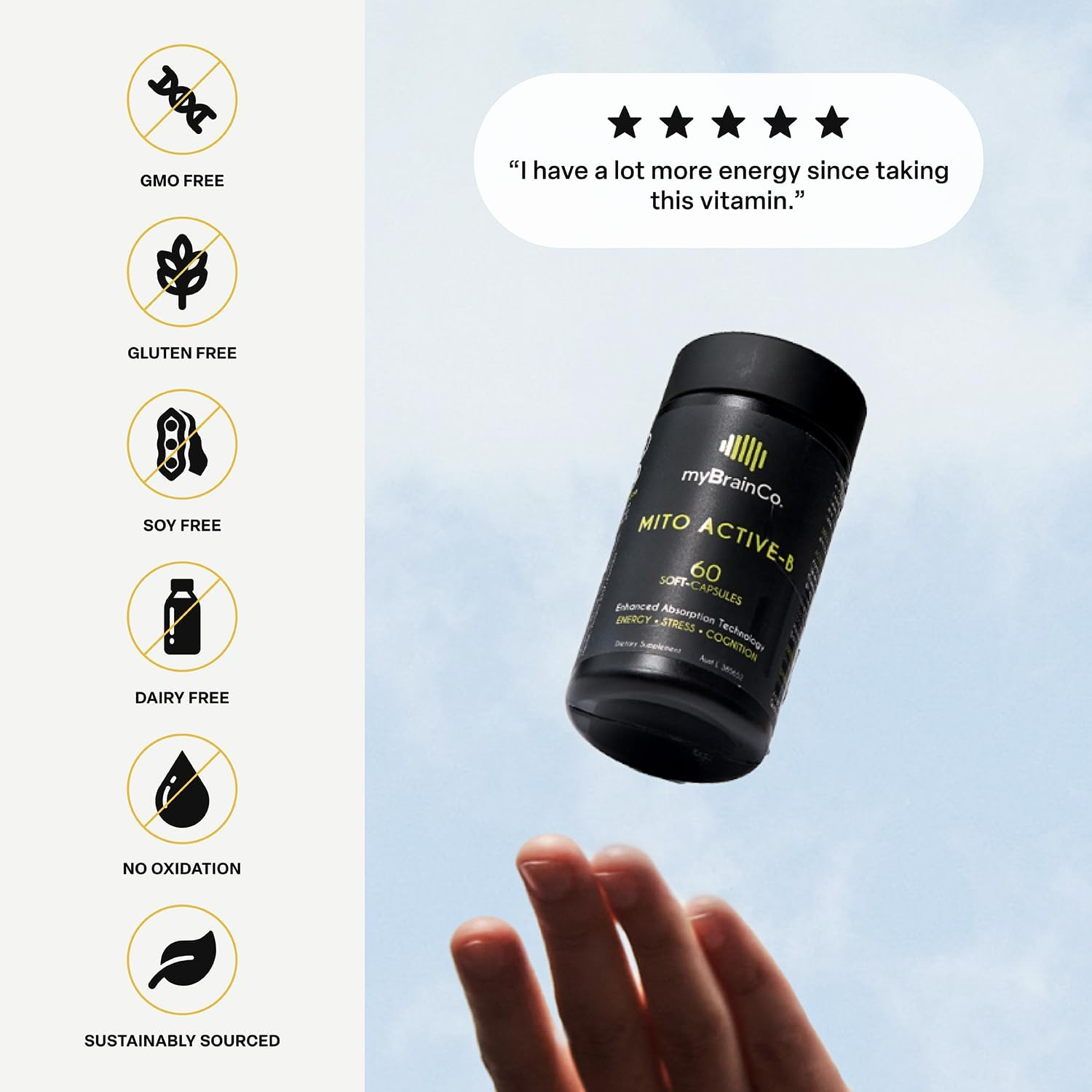 Mybrainco Active-B Complex Supplement - High Strength Activated Vitamin B Complex - Potent B2, B6, B12 Vitamins and Methyl-Folate Supplement to Support Cellular Energy and Cognition (60 Vege-Capsules) image number 3