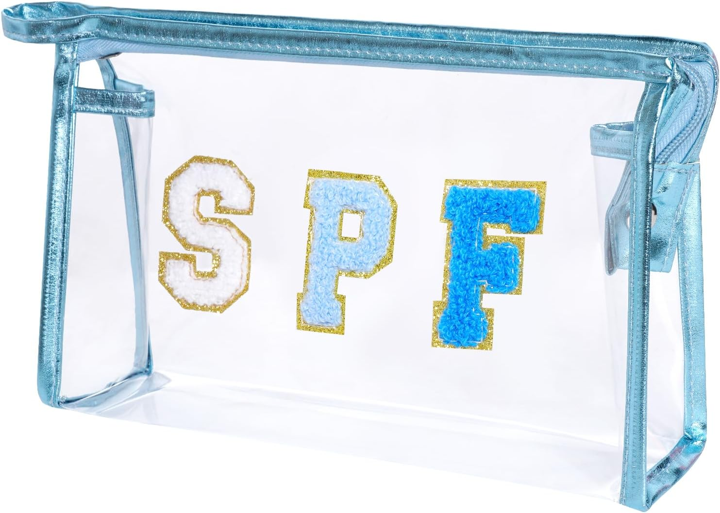 Clear Preppy Patch Makeup Bag, SPF Chenille Letter Bag for Beach, Clear Pouch with Zipper, Preppy Travel Bags Clear Cosmetic Toiletry Bag for Women Girls Teens, Blue SPF Blue - Blue Spf Blue image number 6