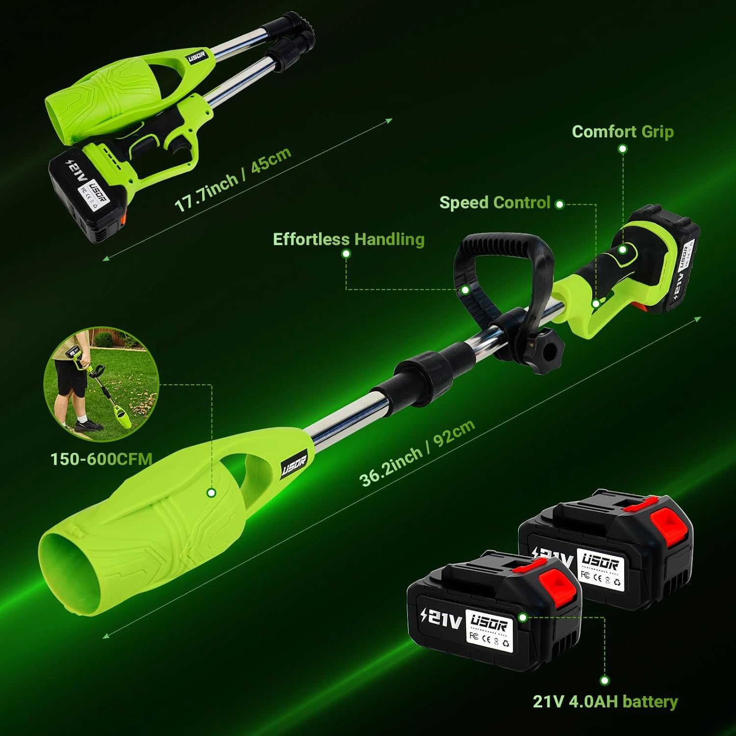 Cordless Leaf Blower,290000Rpm Foldable Air Broom with 4.0Ah*2 21V Batteries and Charger,600Cfm Lightweight Electric Turbo Handheld Blower for Lawn Care,Yard,Debris,Stones Cleaning image number 6
