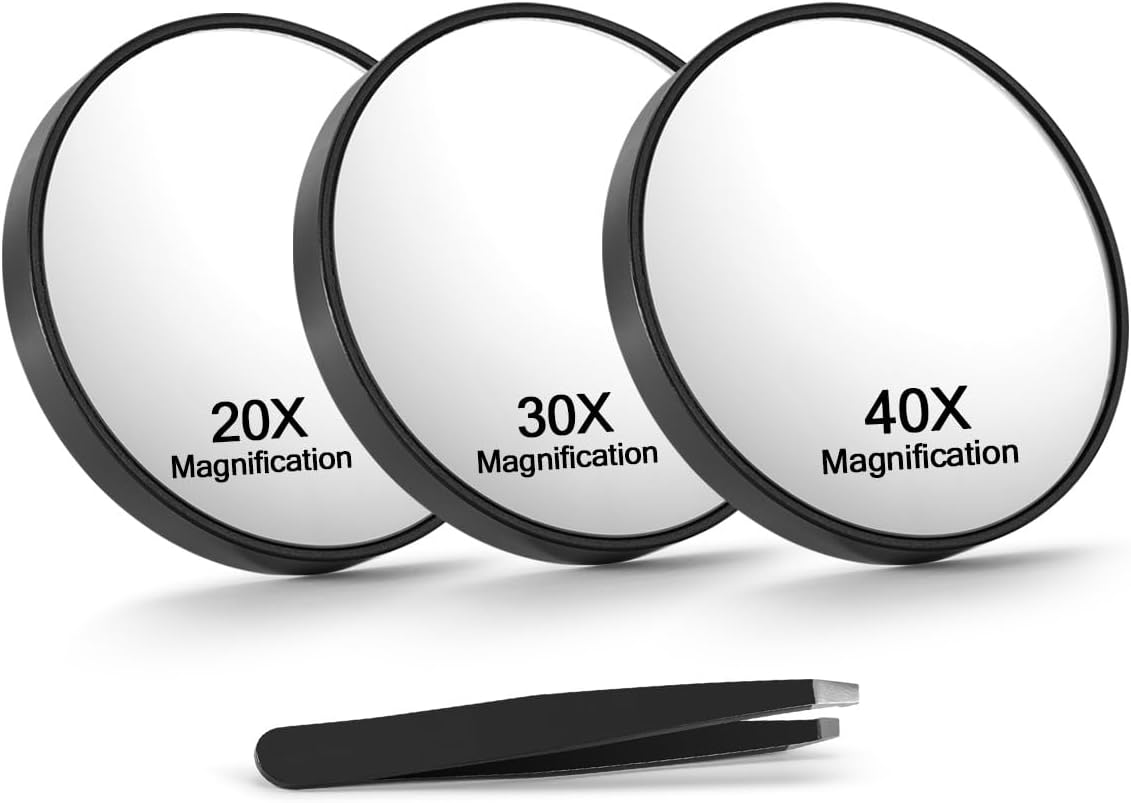 Macaki 20X/30X/40X Magnifying Mirror with Suction Cups and Tweezers Set, 3.5 Inches Travel Magnified Makeup Mirror, Black, 3PCS