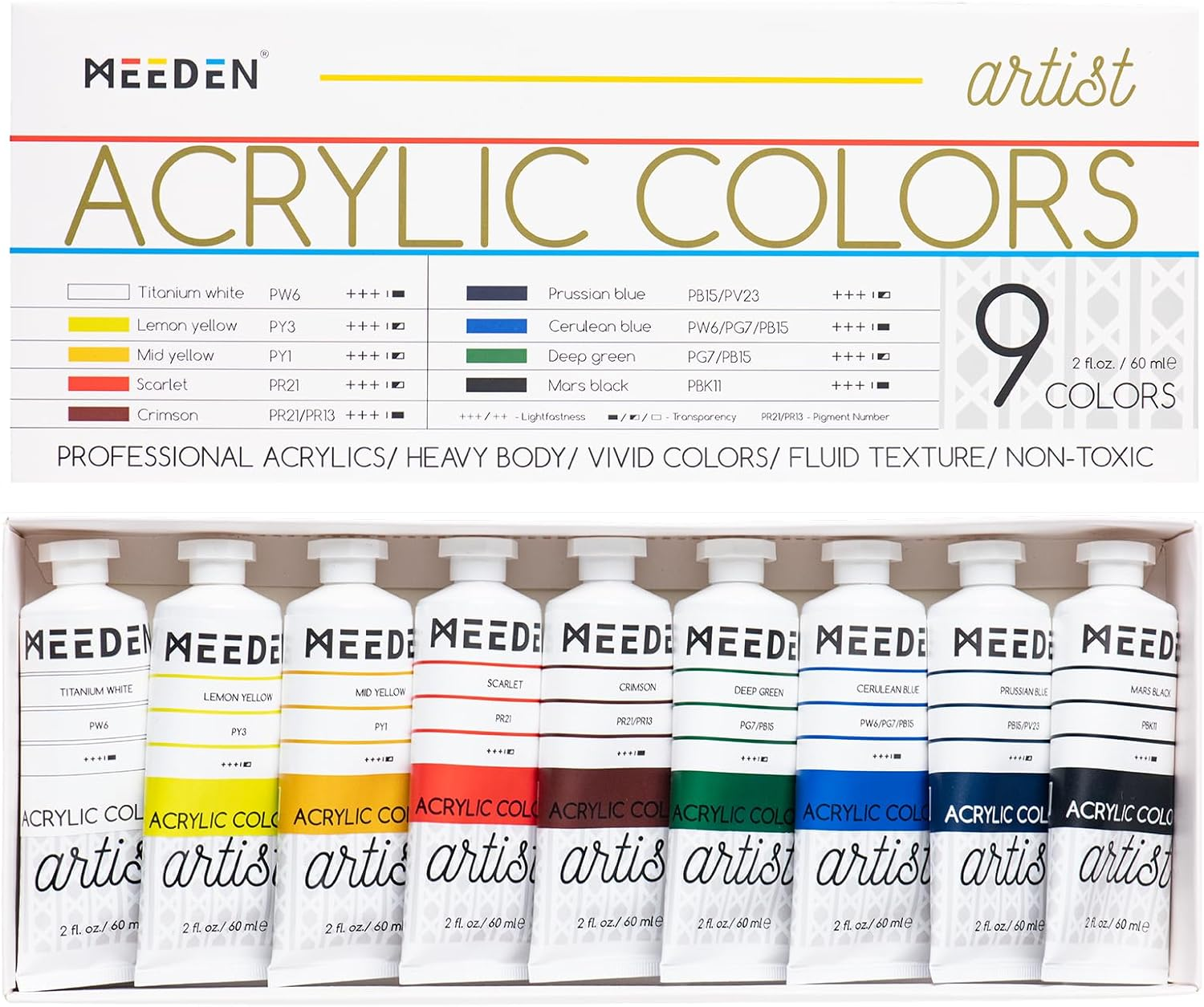 MEEDEN Professional Acrylic Paint Set - Artist Grade Acrylic Paints - Heavy Body Acrylic Paint Tubes - 60Ml X 9 Colors/Tubes image number 2
