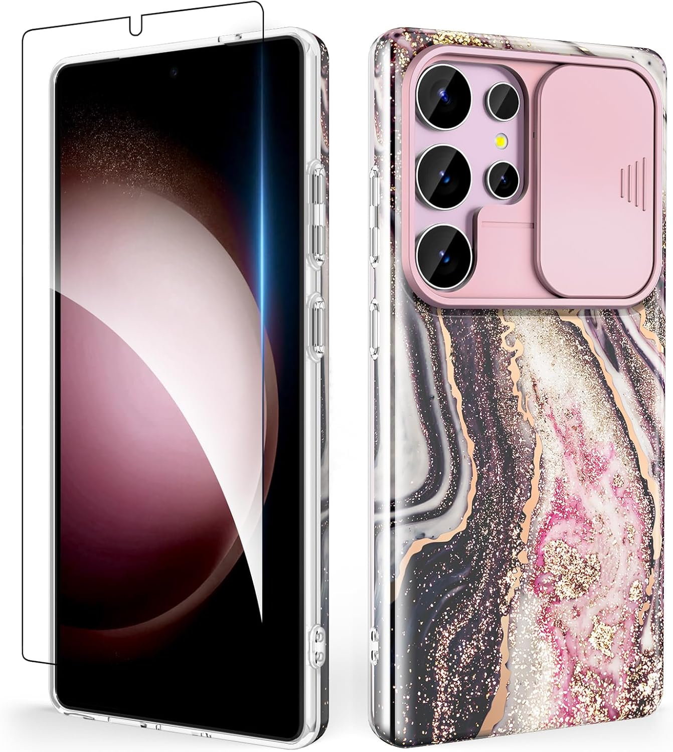 SHEDEER for Samsung Galaxy S25 Ultra Case, with Slide Camera Cover & Screen Protector, Chic Pattern, Shockproof 360 Degree Protective Slim Thin Phone Case Cover for Galaxy S25 Ultra, White