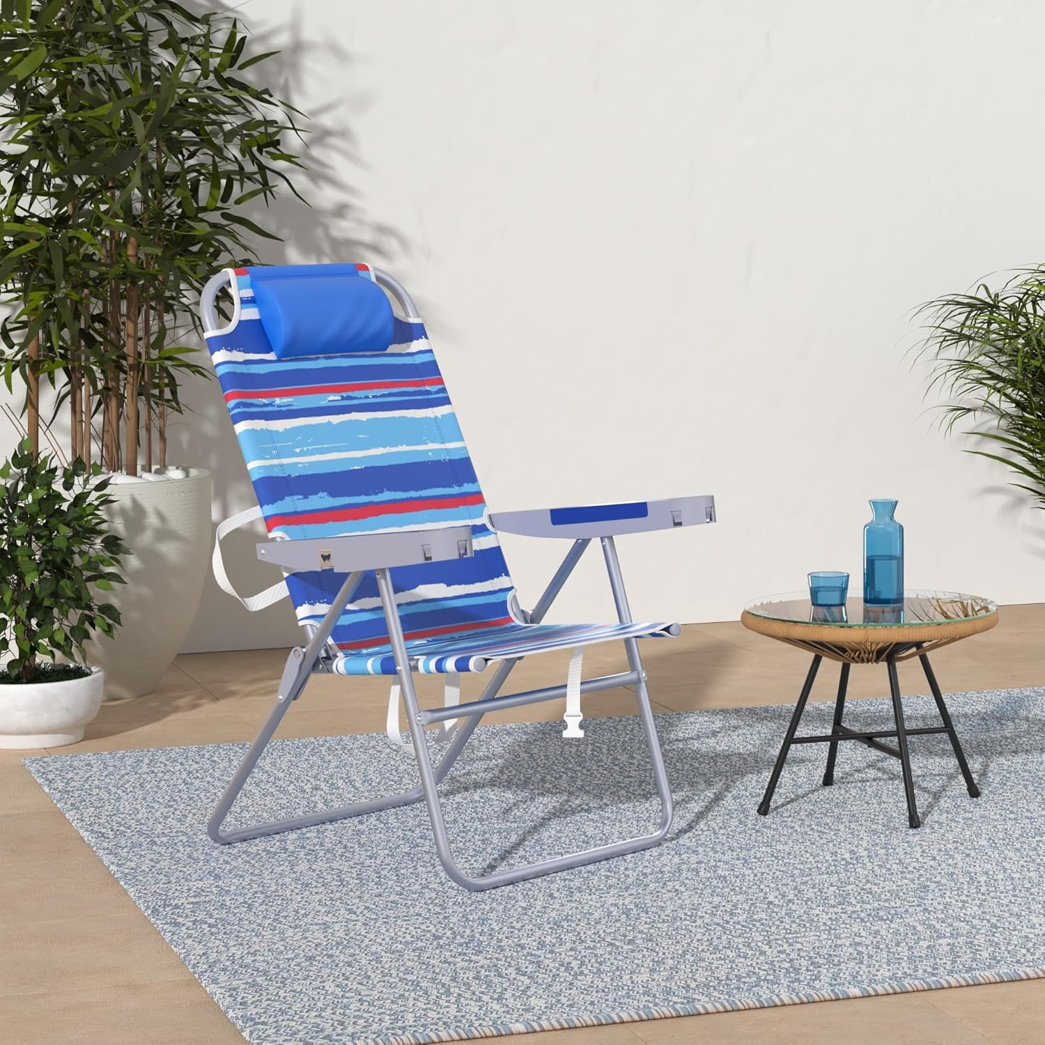 Sunnyfeel Folding Beach Chair 5-Postion Adjustable Reclining High Back Head Rest Aluminum Portable Lounge Chairs for Adults Outdoor (Darkblue Stripe) - Darkblue Stripe image number 6