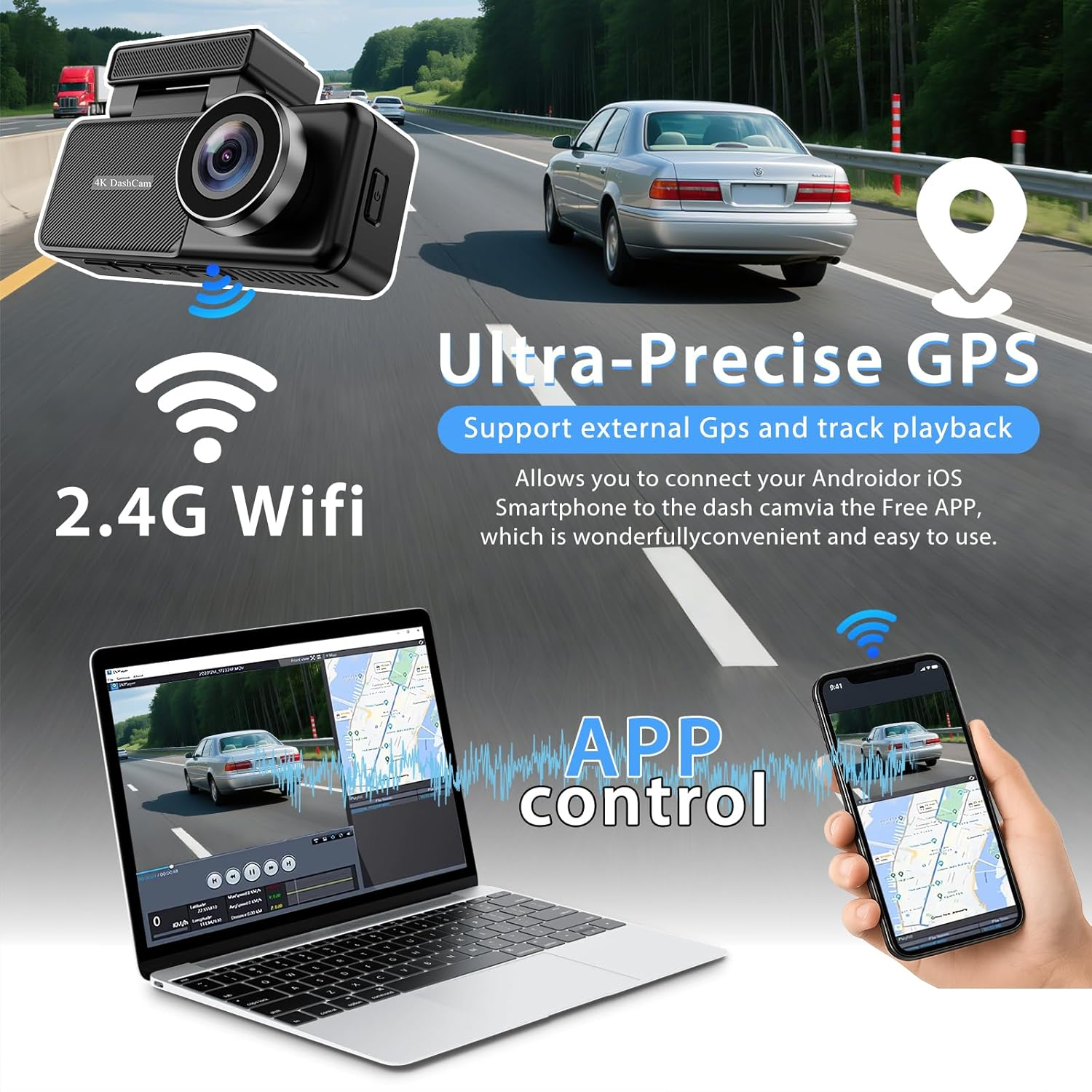 Dash Cam Front and Rear, Built-In Wifi GPS, 4K+1080P Dashcam for Car, 64GB Card Included, 24H Parking Monitor, Loop Recording, G-Sensor, Super Night Vision, 170&deg;Wide Angle, App Contro image number 3
