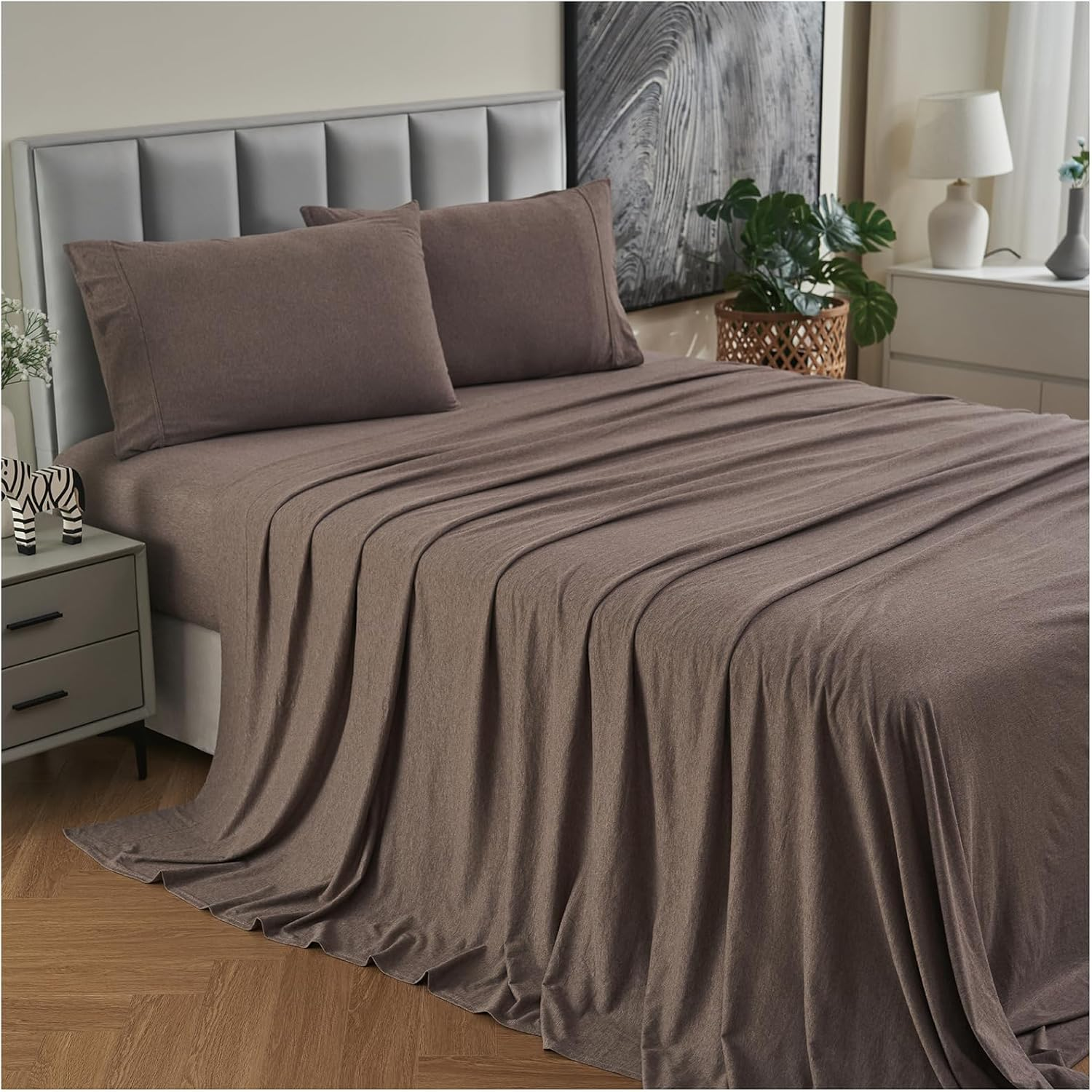 Jersey Cotton Queen Bed Sheets Breathable Ultra Soft Cotton Jersey Sheets Queen Comfy All Season 4Pcs Stretchy Knit T Shirt Fitted Jersey Sheet Set Queen Bed (Coffee Marle, Queen) image number 4