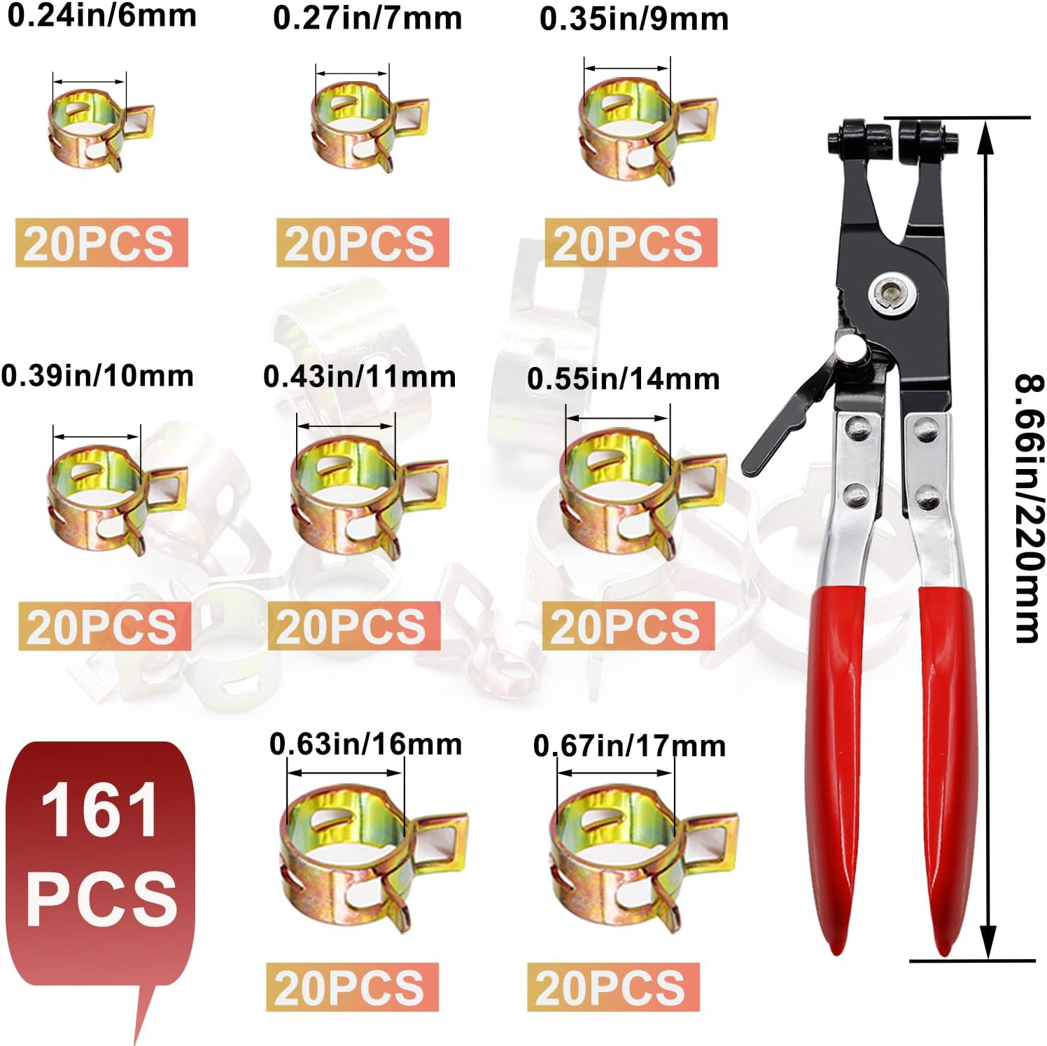 Taiss 160PCS 6-17Mm Spring Band Type Hose Pipe Clamp Assortment Kit.Low Pressure Air Clip Clamp for Hose Fuel Silicone Vacuum Sleeving Hose Clamp (6Mm 7Mm 9Mm 10Mm 11Mm 14Mm 16Mm 17Mm) image number 2
