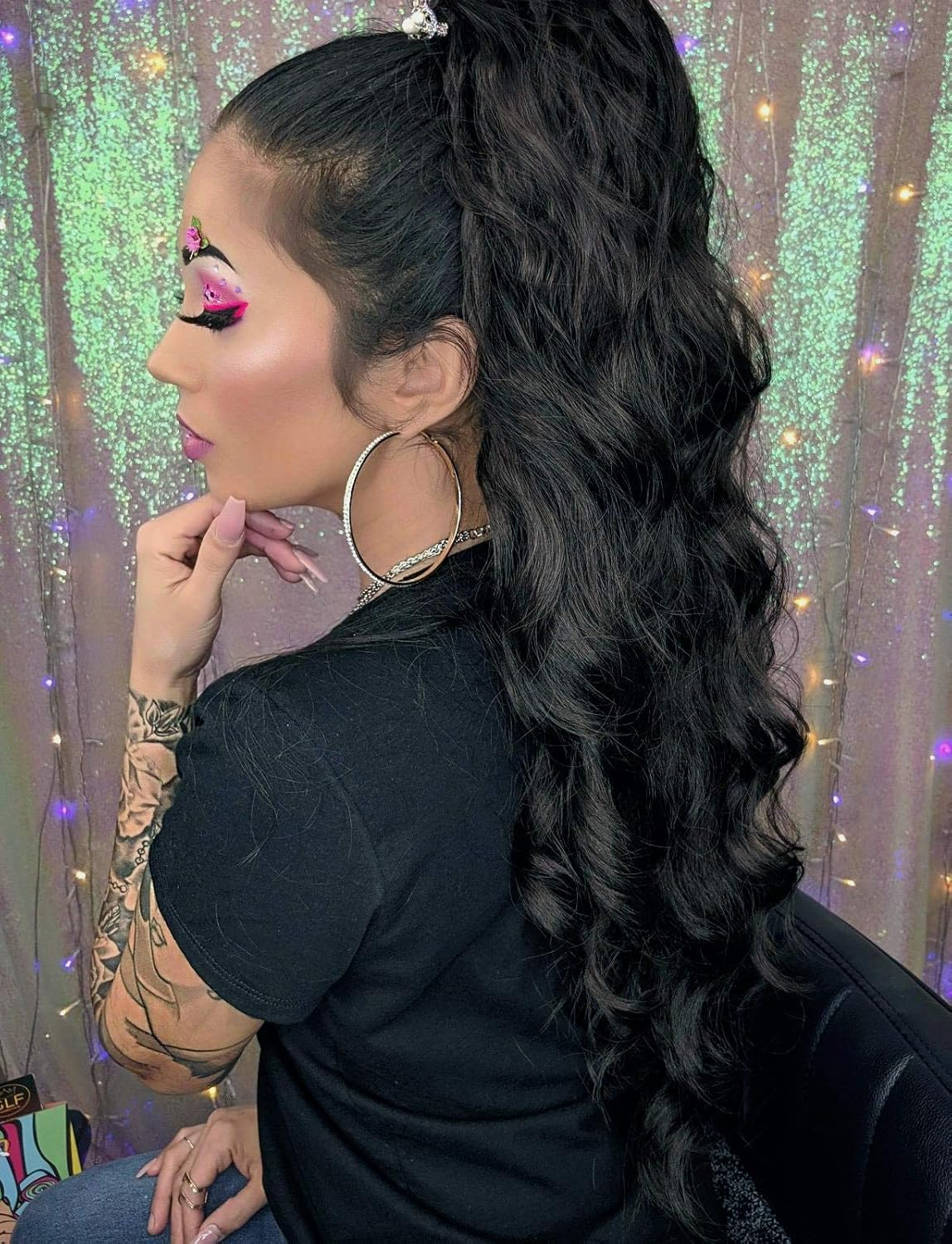 YEESHEDO Ponytail Hairpiece Clip Extensions with Drawstring Long Wavy Black Hair Extensions Natural Wig Afro Curly Ponytail for Braids (1B#) image number 6