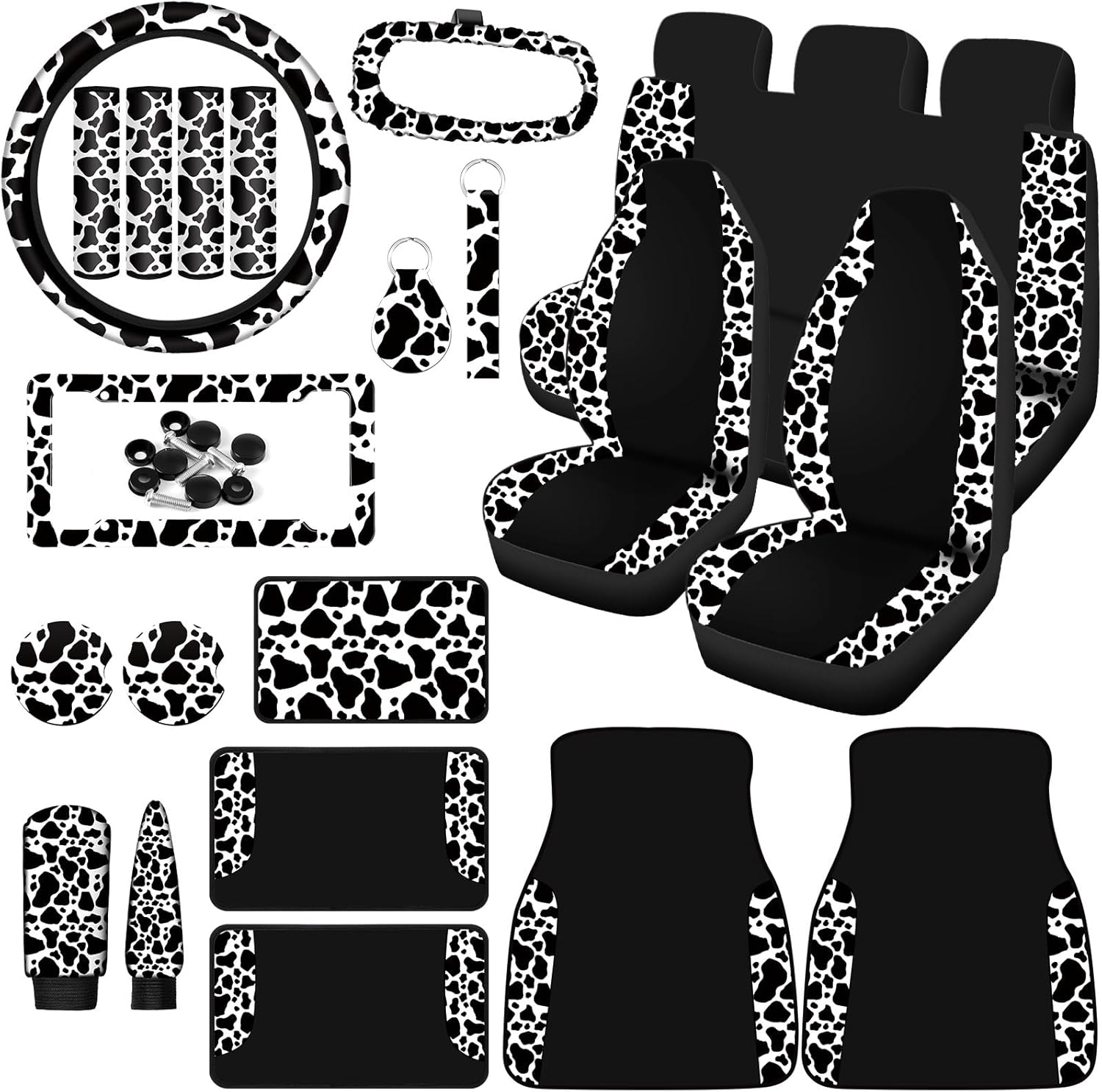 BBTO 26 Pcs Cow Print Car Accessories Cow Print Seat Covers Set Steering Wheel Cup Holders Foot Armrest Pads License Plate Seat Belt Mirror Handbrake Gear Cover Keyring for Truck SUV image number 1