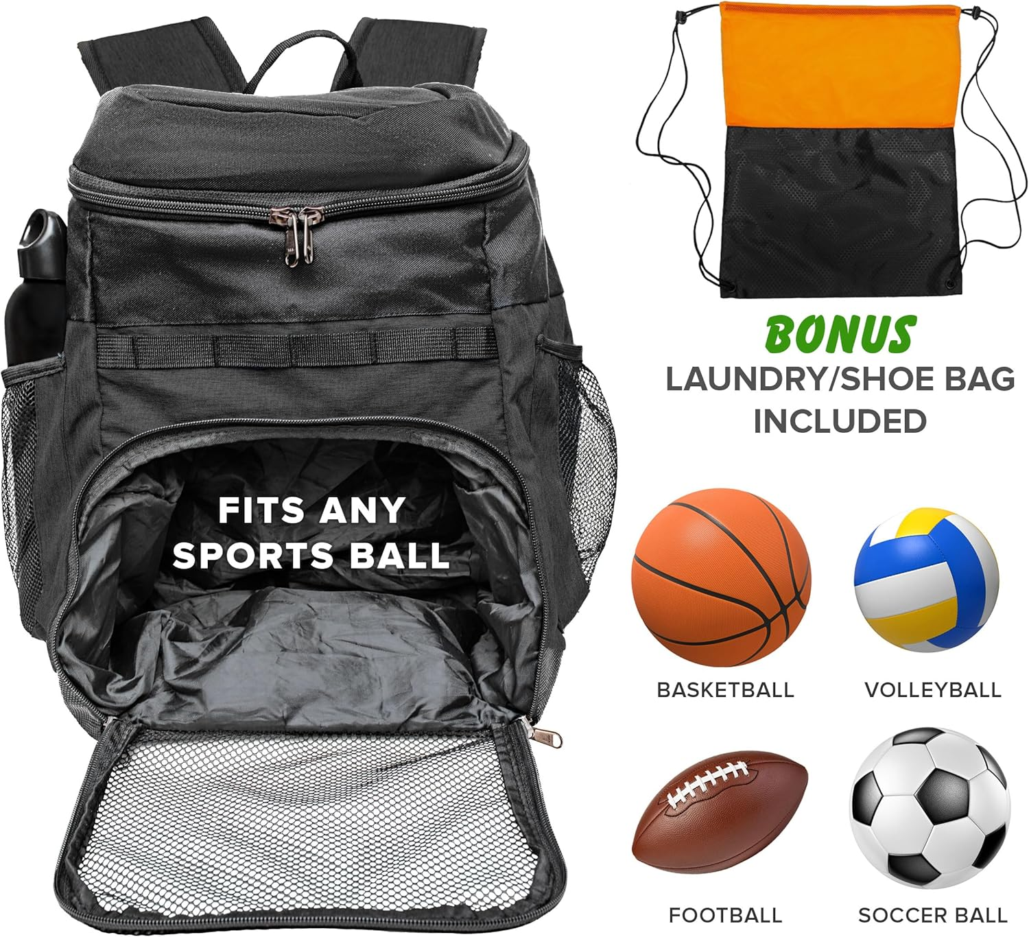 Basketball Backpack with Ball Compartment - Sports Equipment Bag for Soccer Ball, Volleyball, Gym, Outdoor, Travel, Team - 2 Bottle Pockets, Includes Laundry or Shoe Bag - 25L image number 5