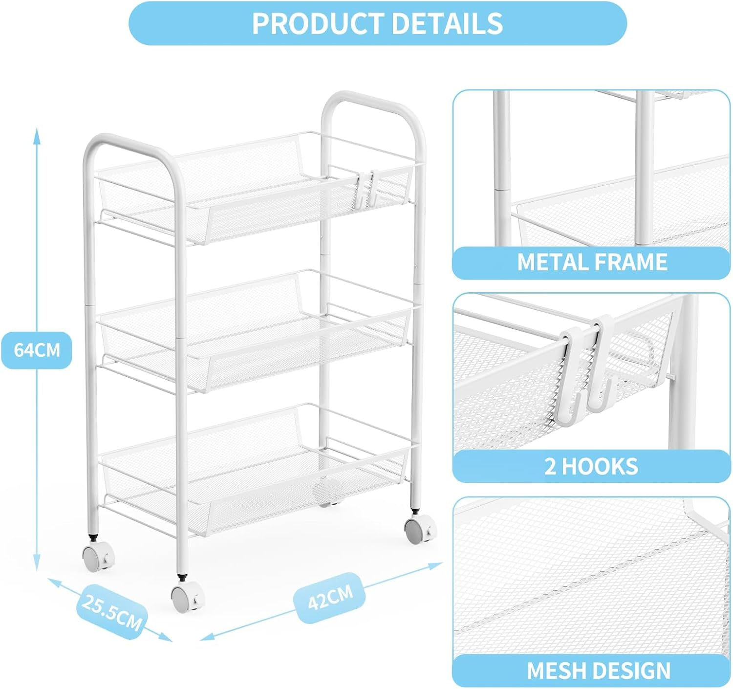 3-Tier Metal Storage Trolley, Rolling Cart, Mesh Storage Cart, Mobile Storage Trolley, Portable, Stable and Easy to Set Up, Bedroom Kitchen Bathroom Toilet Living Room Storage Cart, Metal, White image number 3