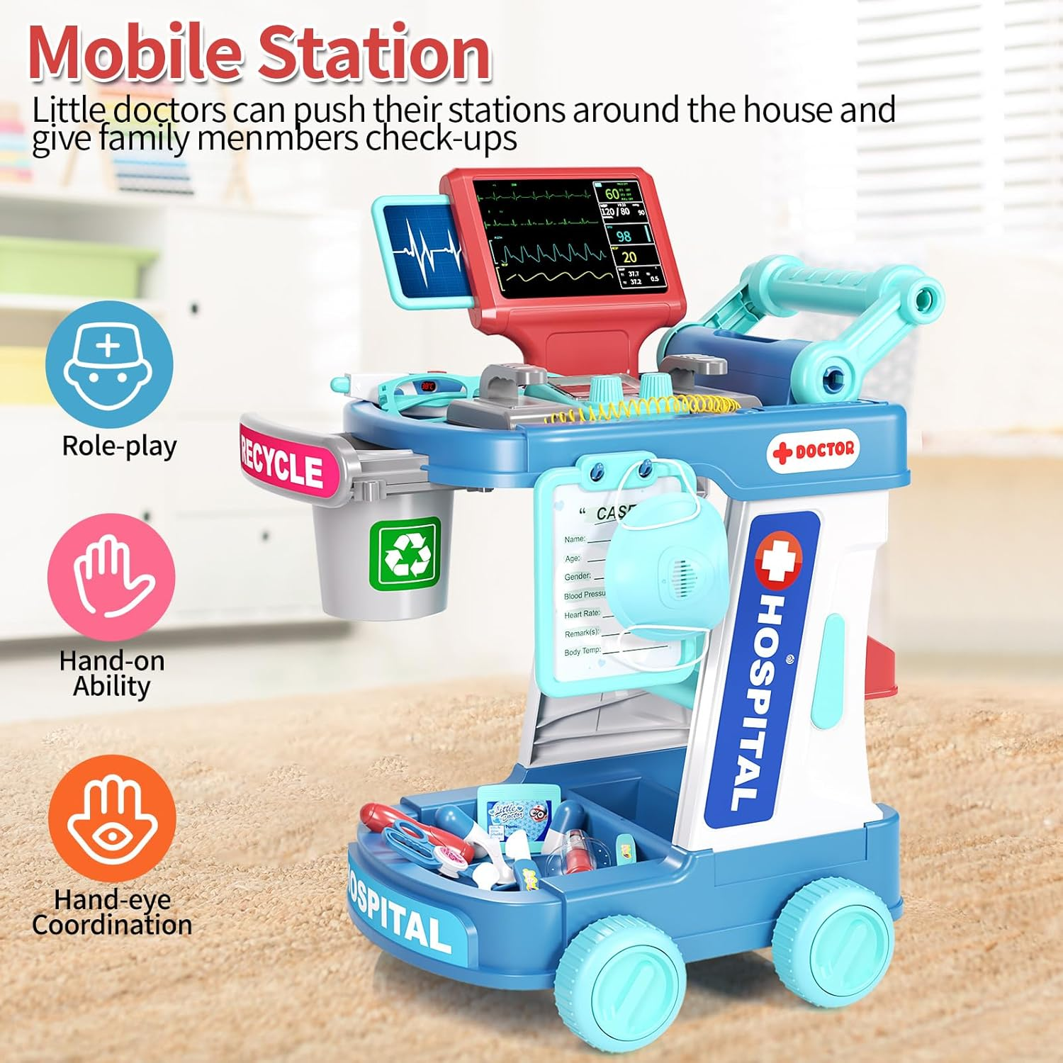 Doctor Kit for Kids, Pretend Doctor Playset for Toddlers with Cart, Costume and Stethoscope, Role Play Medical Toy for Girls Boys Toddlers 3-8 Birthday Gifts image number 1