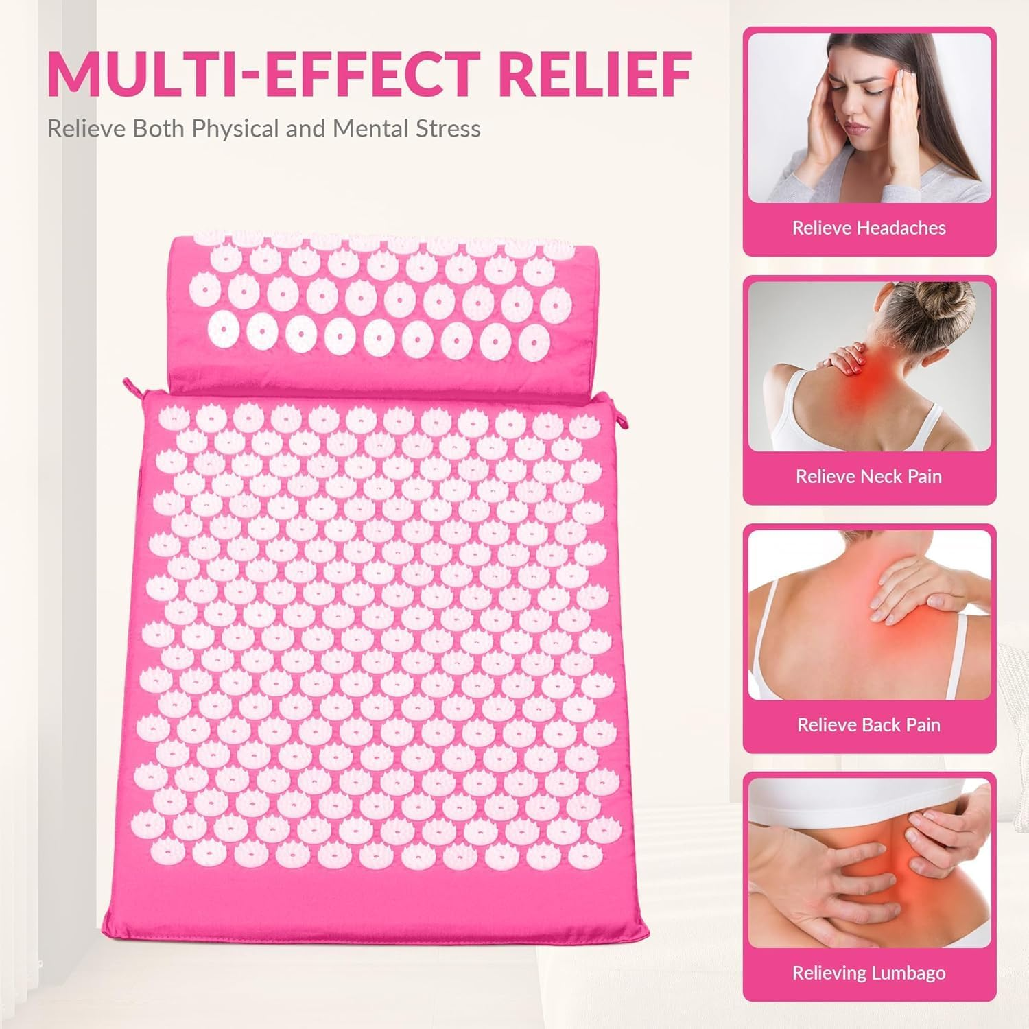 Acupressure Mat & Pillow Set for Back and Neck Pain Relief &ndash; Spiky Acupuncture Massage Mat for Muscle Relaxation, Stress Reduction & Improved Circulation (Pink) - Pink image number 3